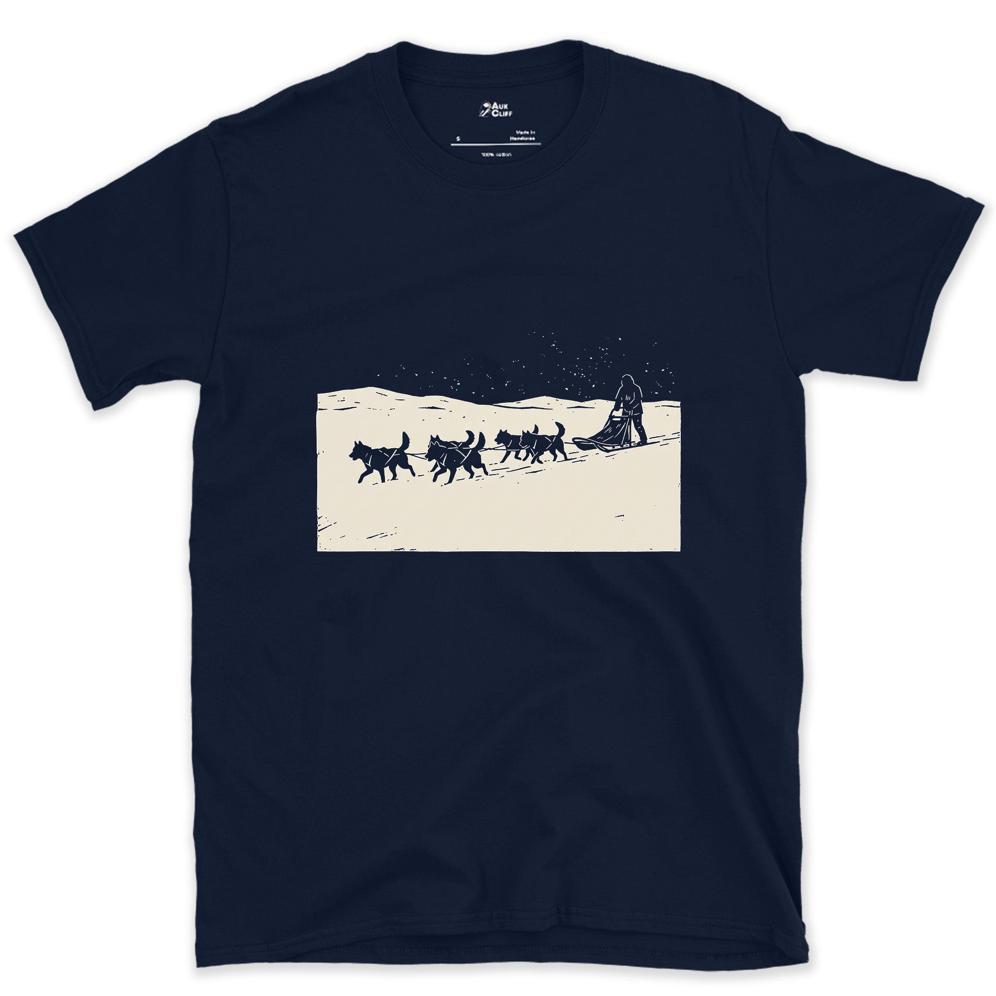 Dog Sled Team Running in Formation design on a Navy Gildan Softstyle t-shirt