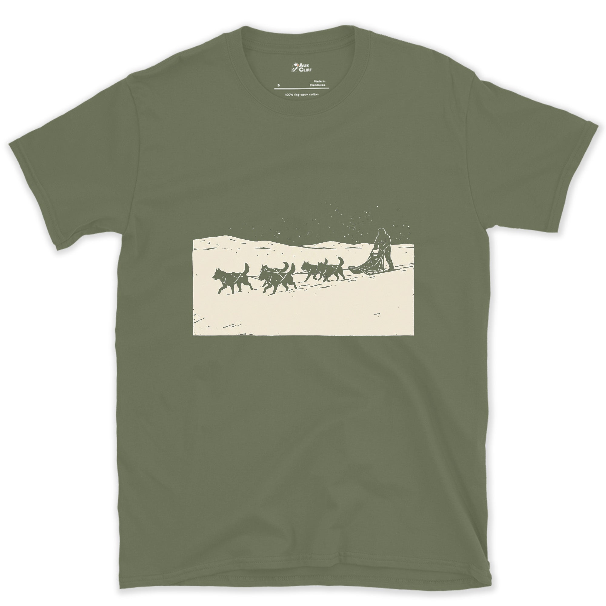 Dog Sled Team Running in Formation design on a Military Green Gildan Softstyle t-shirt