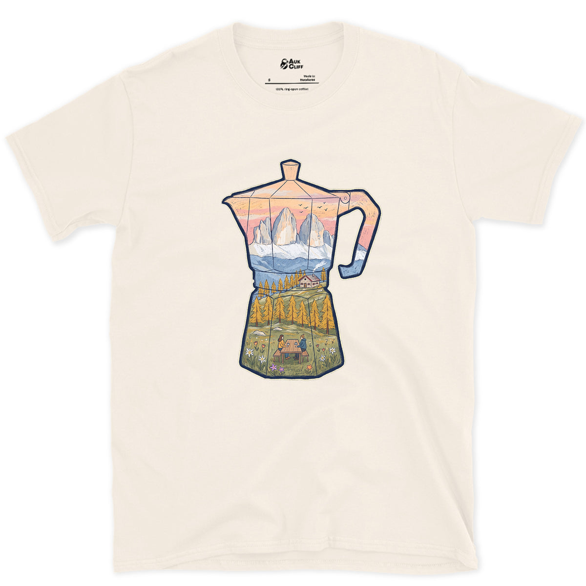 Alpine Dawn in the Dolomites, Moka Pot design on a Natural Gildan Softstyle t-shirt
