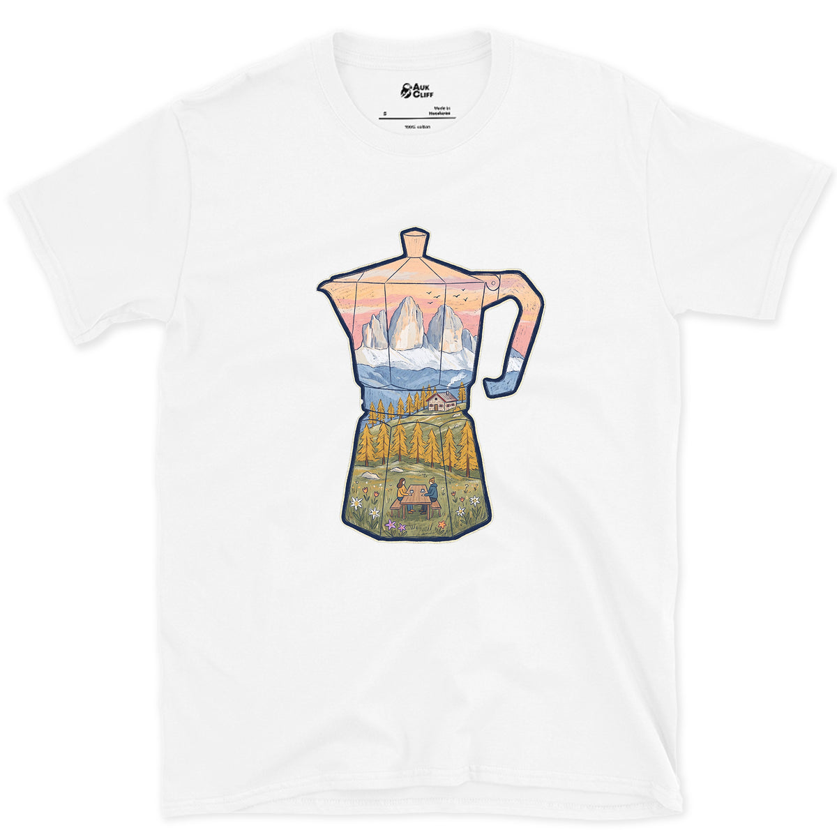 Alpine Dawn in the Dolomites, Moka Pot design on a White Gildan Softstyle t-shirt
