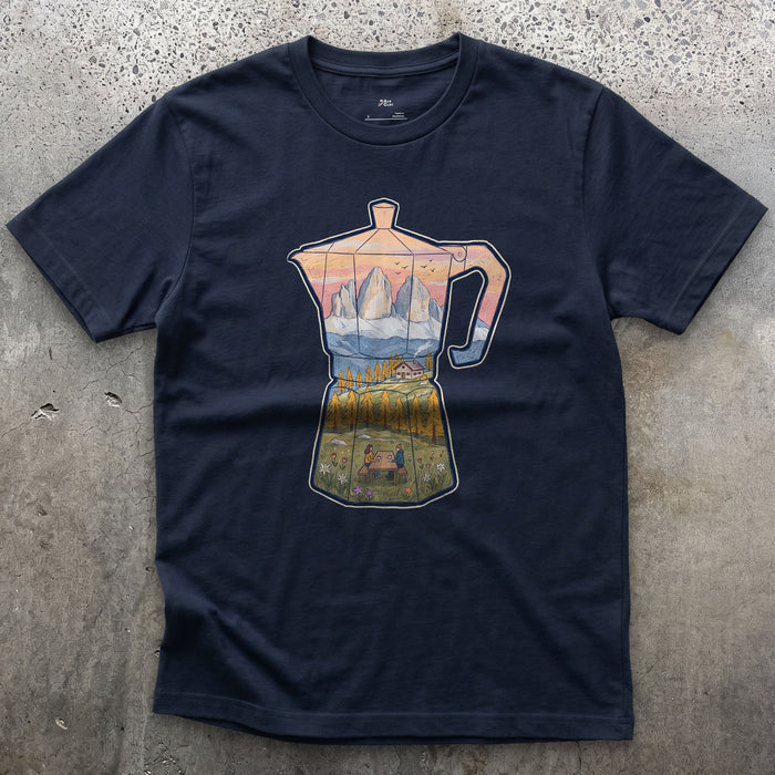 Alpine Dawn in the Dolomites, Moka Pot design on a Navy Gildan Softstyle t-shirt