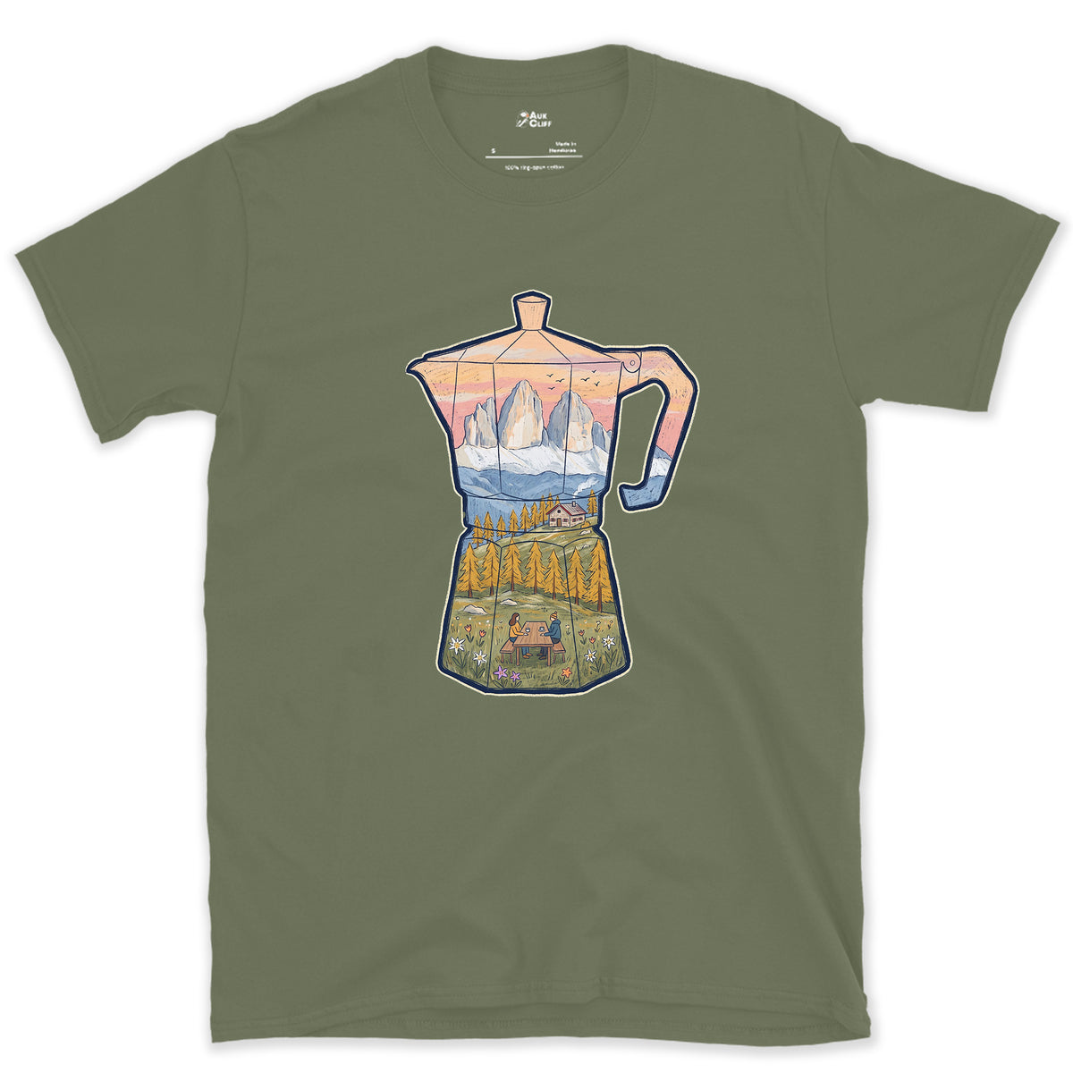 Alpine Dawn in the Dolomites, Moka Pot design on a Military Green Gildan Softstyle t-shirt