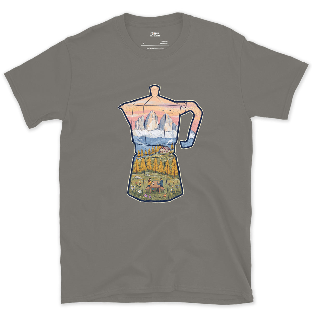 Alpine Dawn in the Dolomites, Moka Pot design on a Charcoal Gildan Softstyle t-shirt