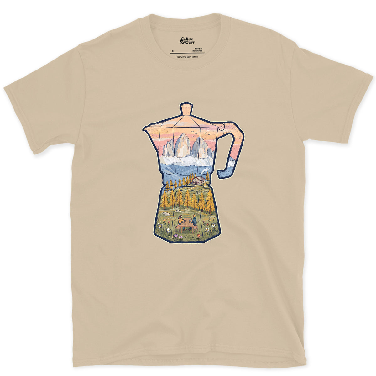 Alpine Dawn in the Dolomites, Moka Pot design on a Sand Gildan Softstyle t-shirt