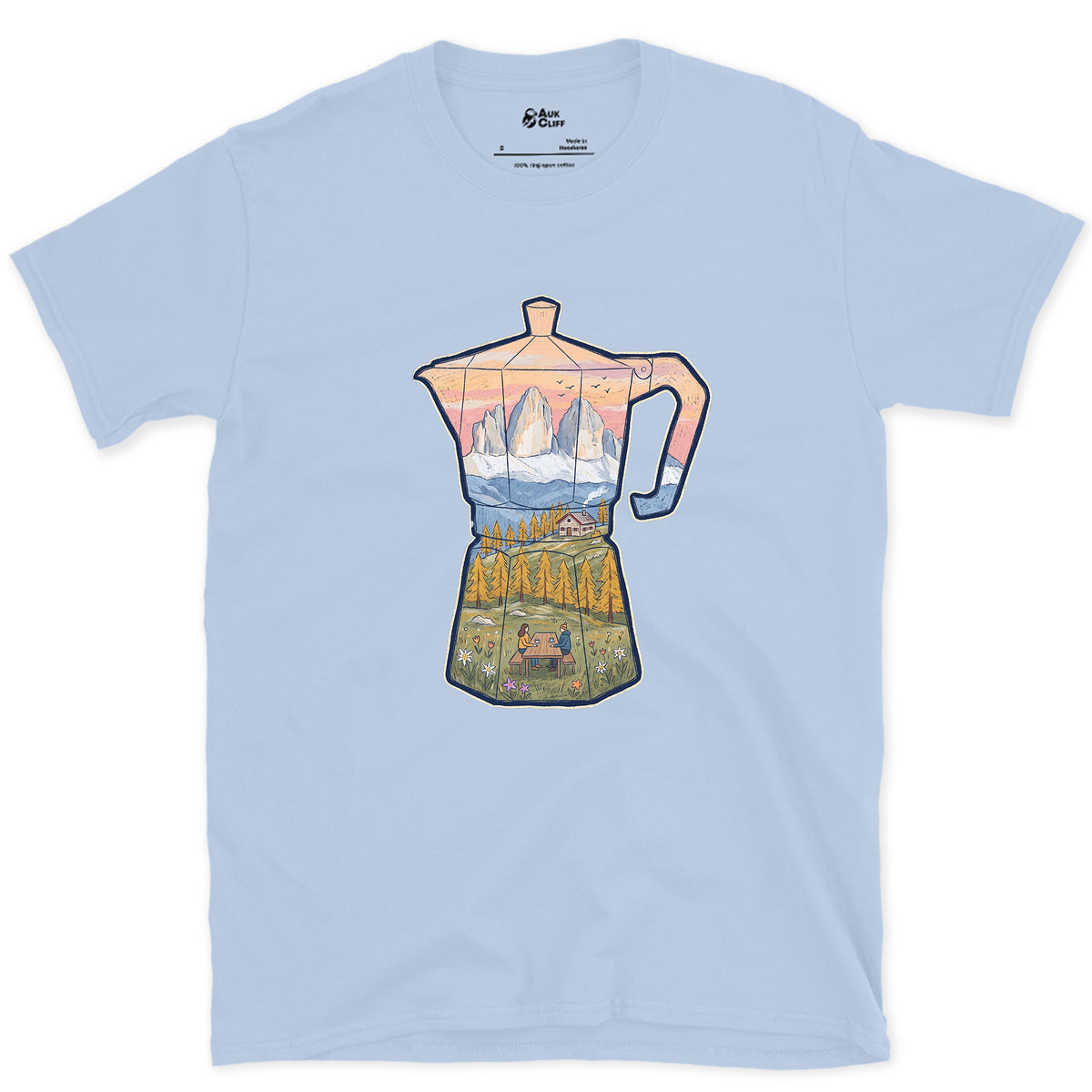 Alpine Dawn in the Dolomites, Moka Pot design on a Light Blue Gildan Softstyle t-shirt
