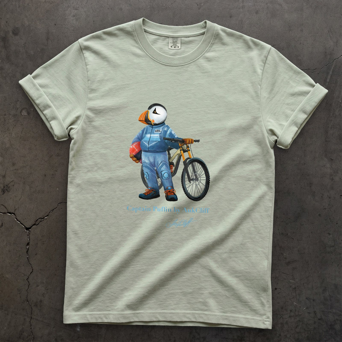 Captain Puffin Downhill Mountain Biker on a Bay Comfort Colors t-shirt