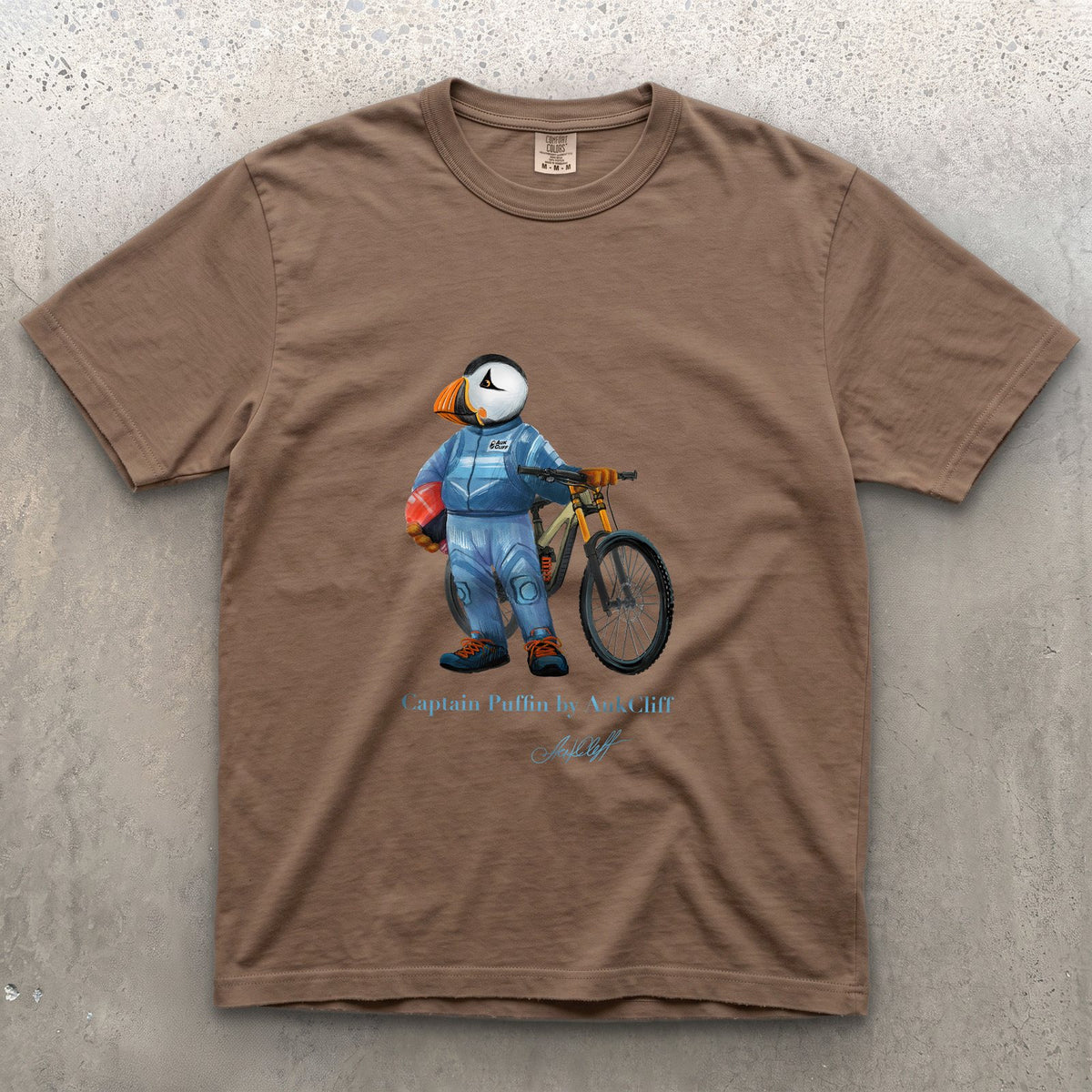 Captain Puffin Downhill Mountain Biker on a Espresso Comfort Colors t-shirt