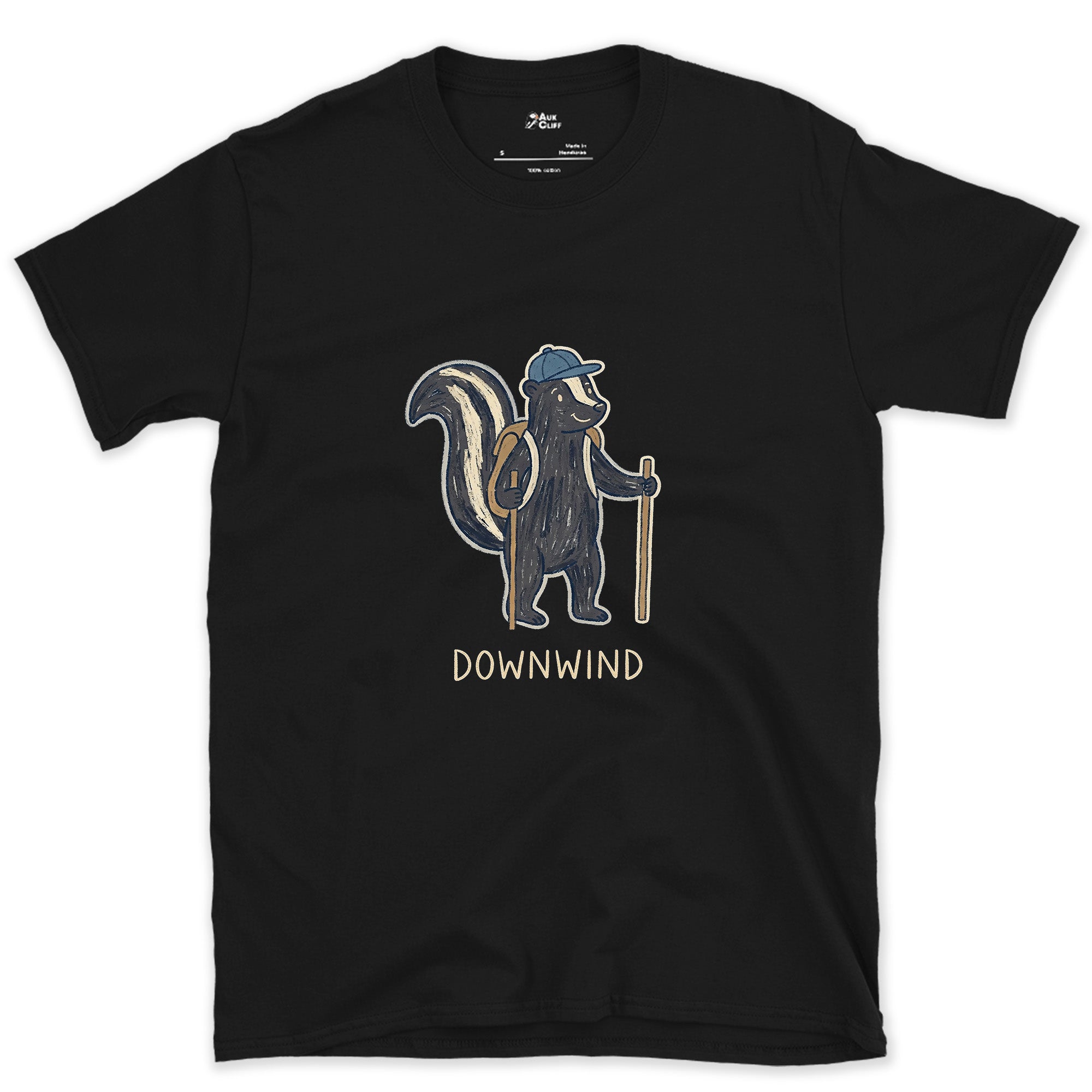Downwind, Skunk Hiker on the Trail design on a Black Gildan Softstyle t-shirt