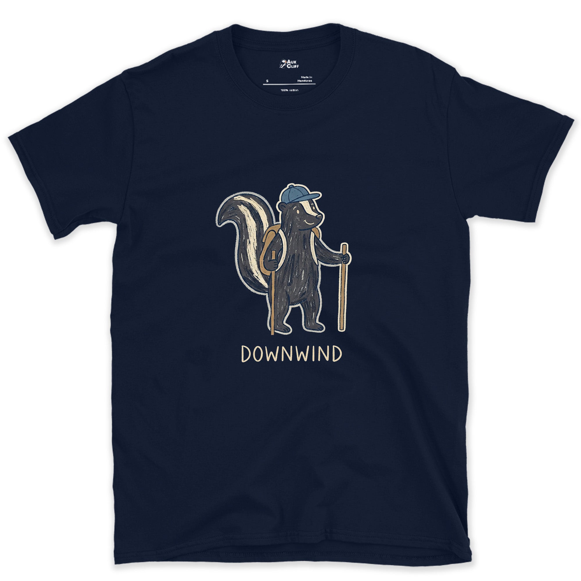 Downwind, Skunk Hiker on the Trail design on a Navy Gildan Softstyle t-shirt
