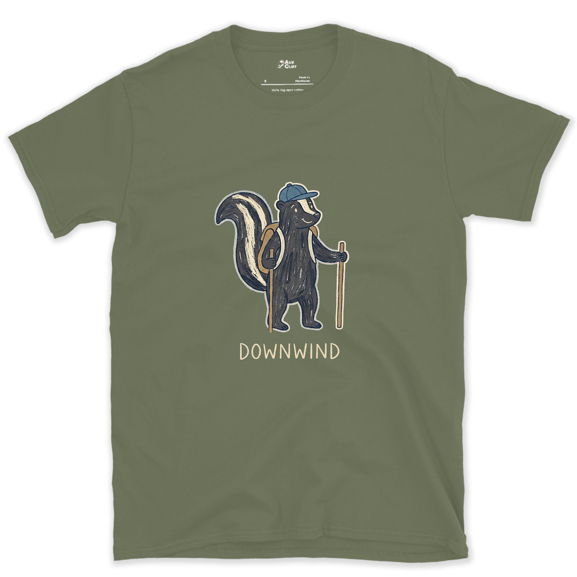 Downwind, Skunk Hiker on the Trail design on a Military Green Gildan Softstyle t-shirt