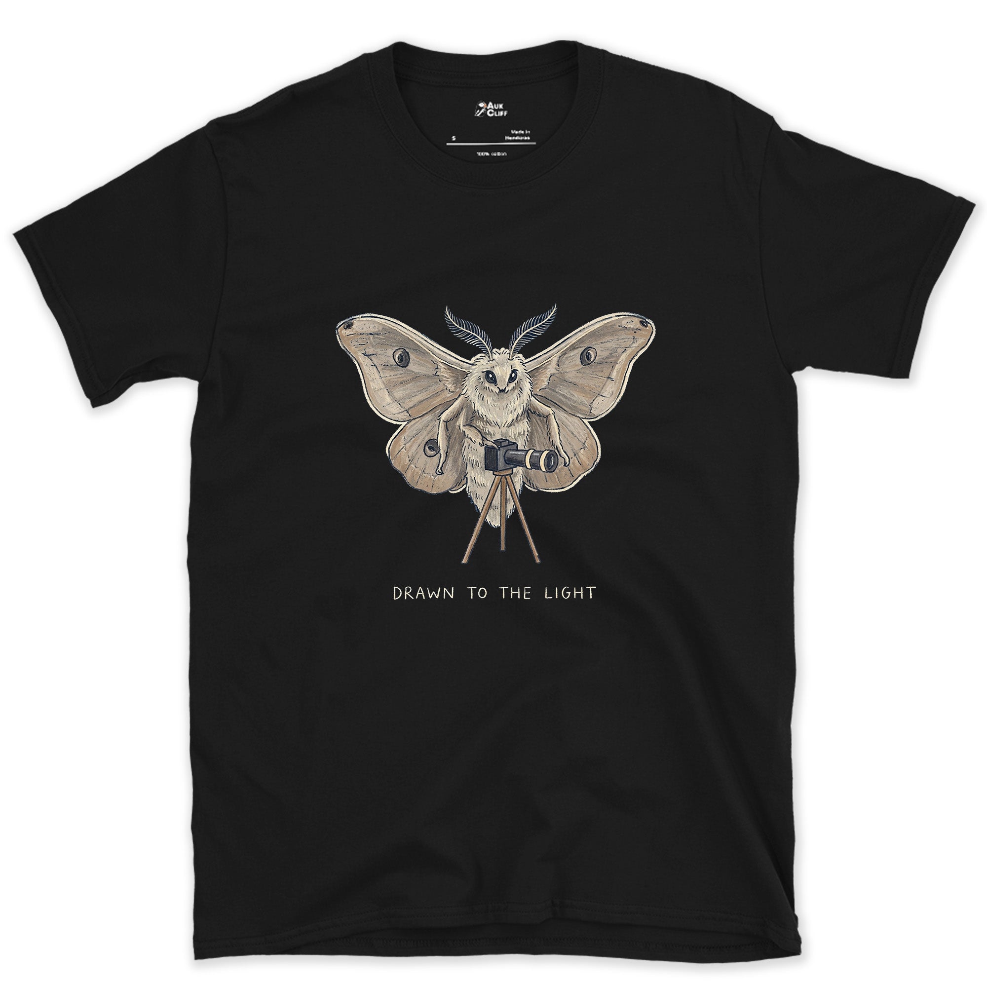 Drawn to the Light, Moth design on a Black Gildan Softstyle t-shirt