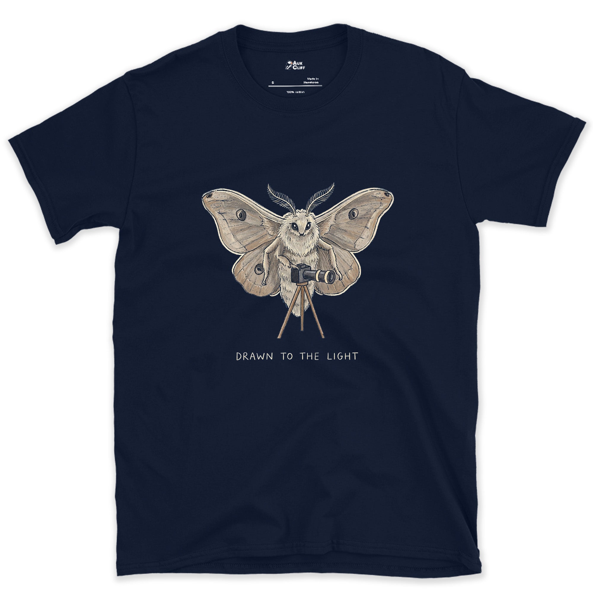 Drawn to the Light, Moth design on a Navy Gildan Softstyle t-shirt