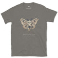 Drawn to the Light, Moth design on a Charcoal Gildan Softstyle t-shirt