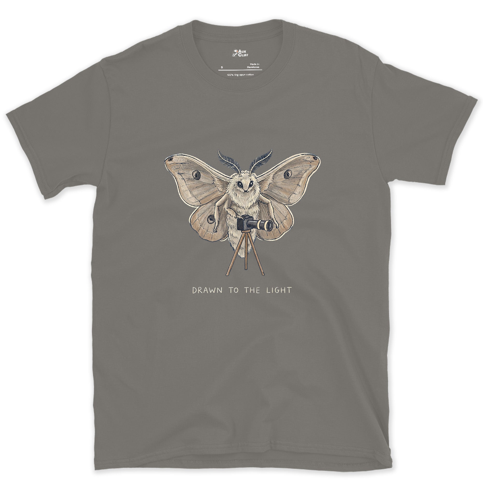 Drawn to the Light, Moth design on a Charcoal Gildan Softstyle t-shirt
