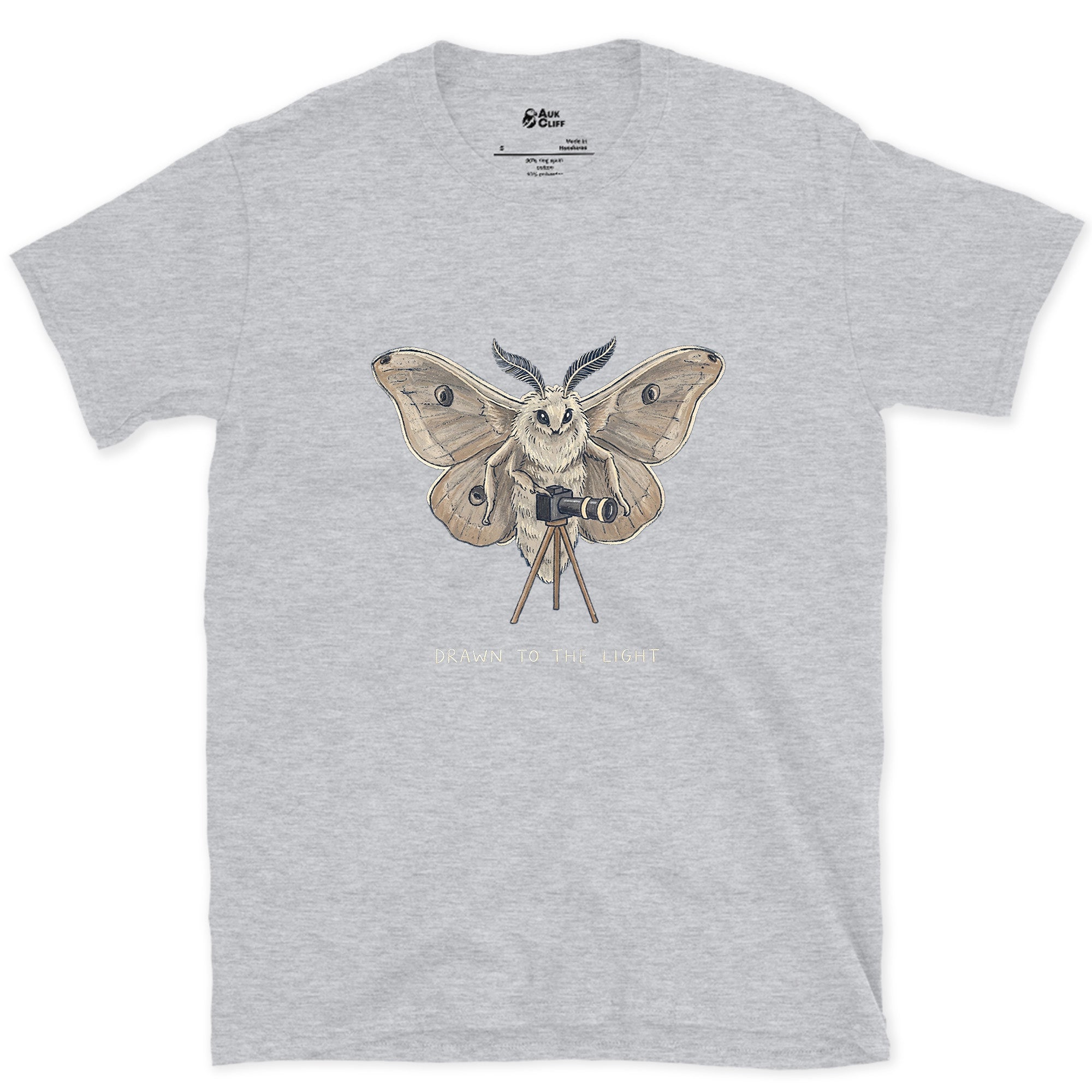 Drawn to the Light, Moth design on a Sport Grey Gildan Softstyle t-shirt