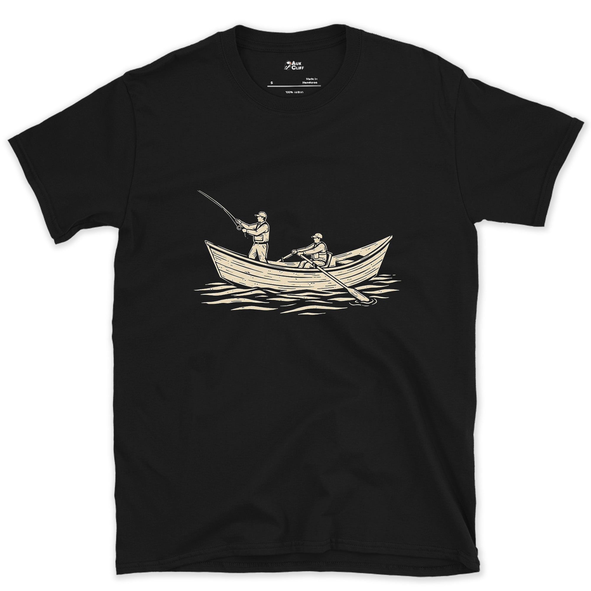 One Rows While the Other Casts From the Drift Boat design on a Black Gildan Softstyle t-shirt