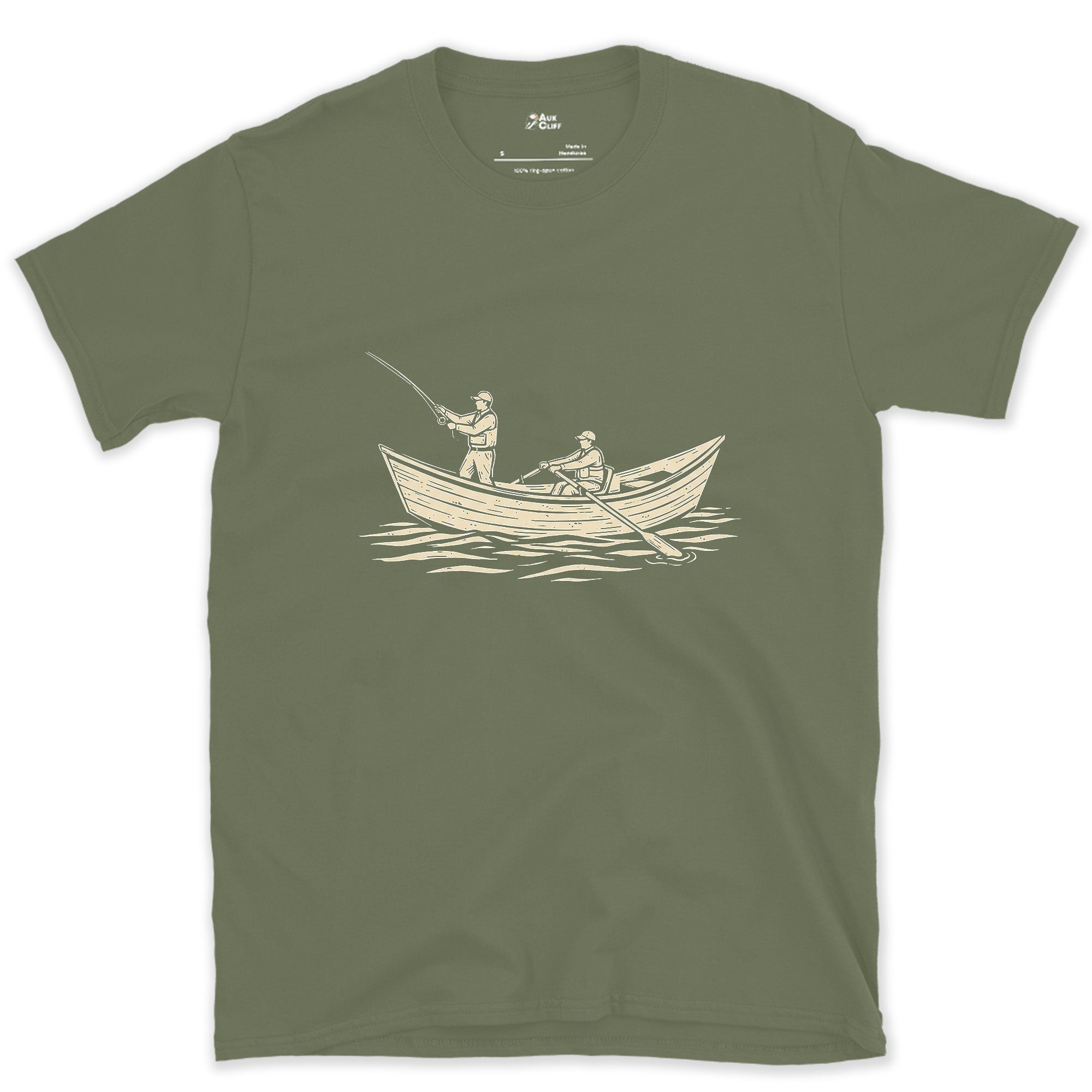 One Rows While the Other Casts From the Drift Boat design on a Military Green Gildan Softstyle t-shirt