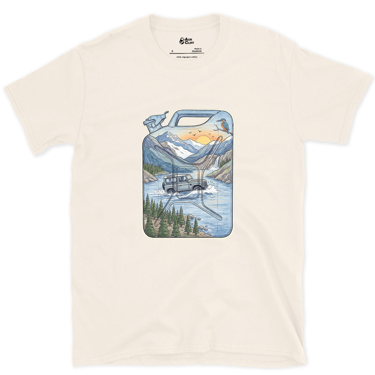 Driving the Ford, Jerry Can design on a Natural Gildan Softstyle t-shirt