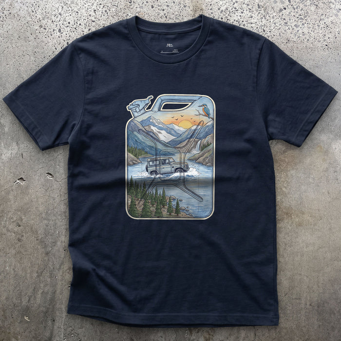 Driving the Ford, Jerry Can design on a Navy Gildan Softstyle t-shirt