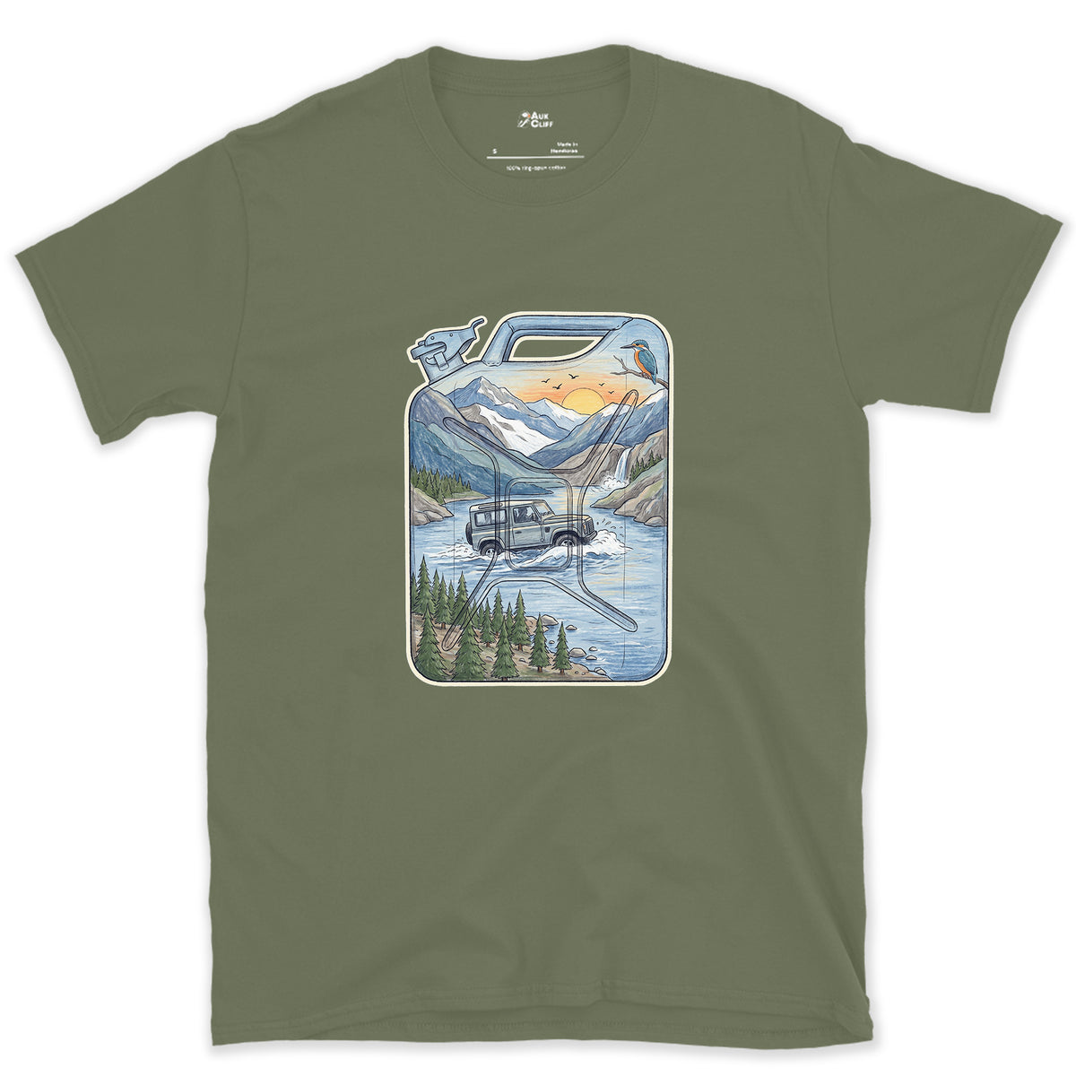 Driving the Ford, Jerry Can design on a Military Green Gildan Softstyle t-shirt