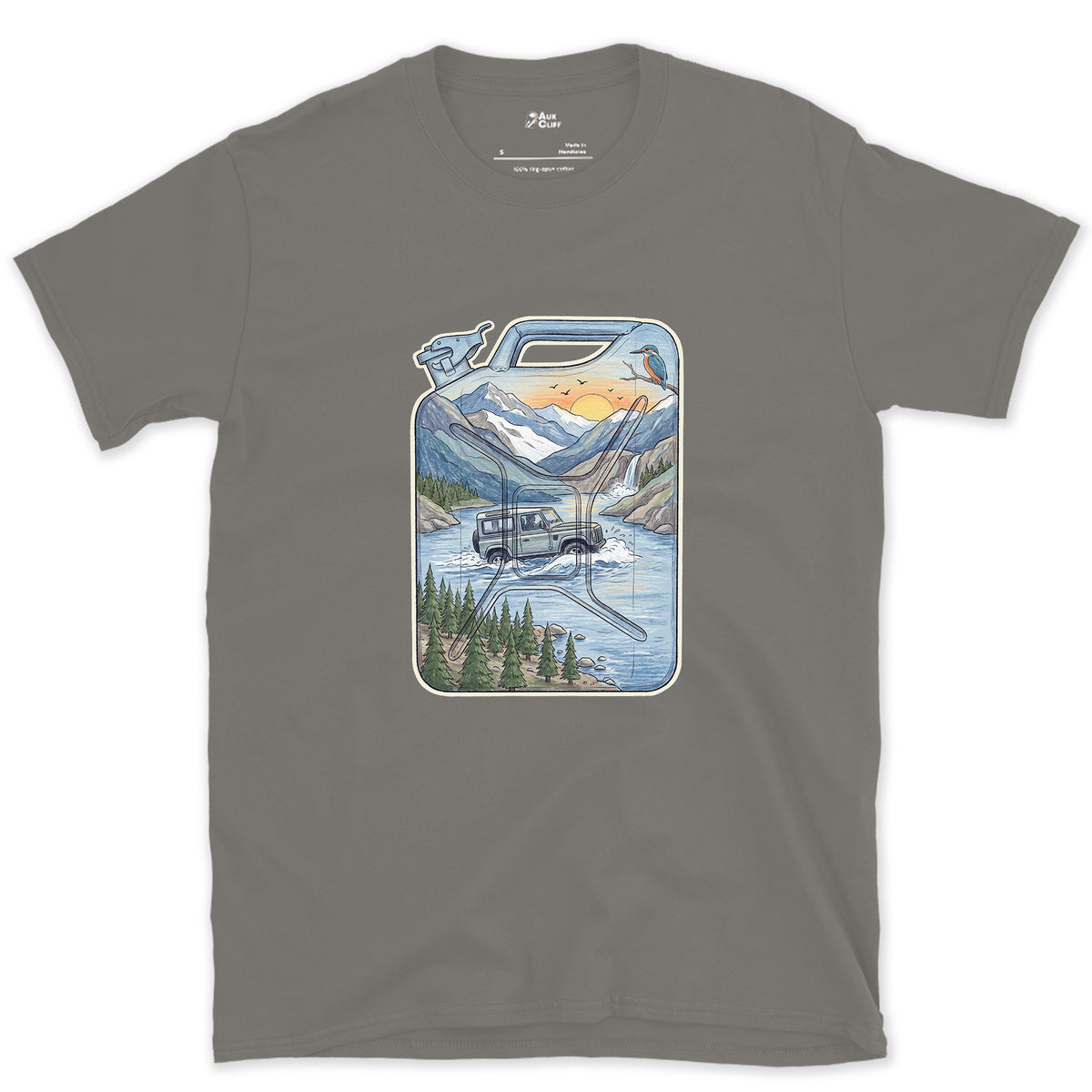 Driving the Ford, Jerry Can design on a Charcoal Gildan Softstyle t-shirt