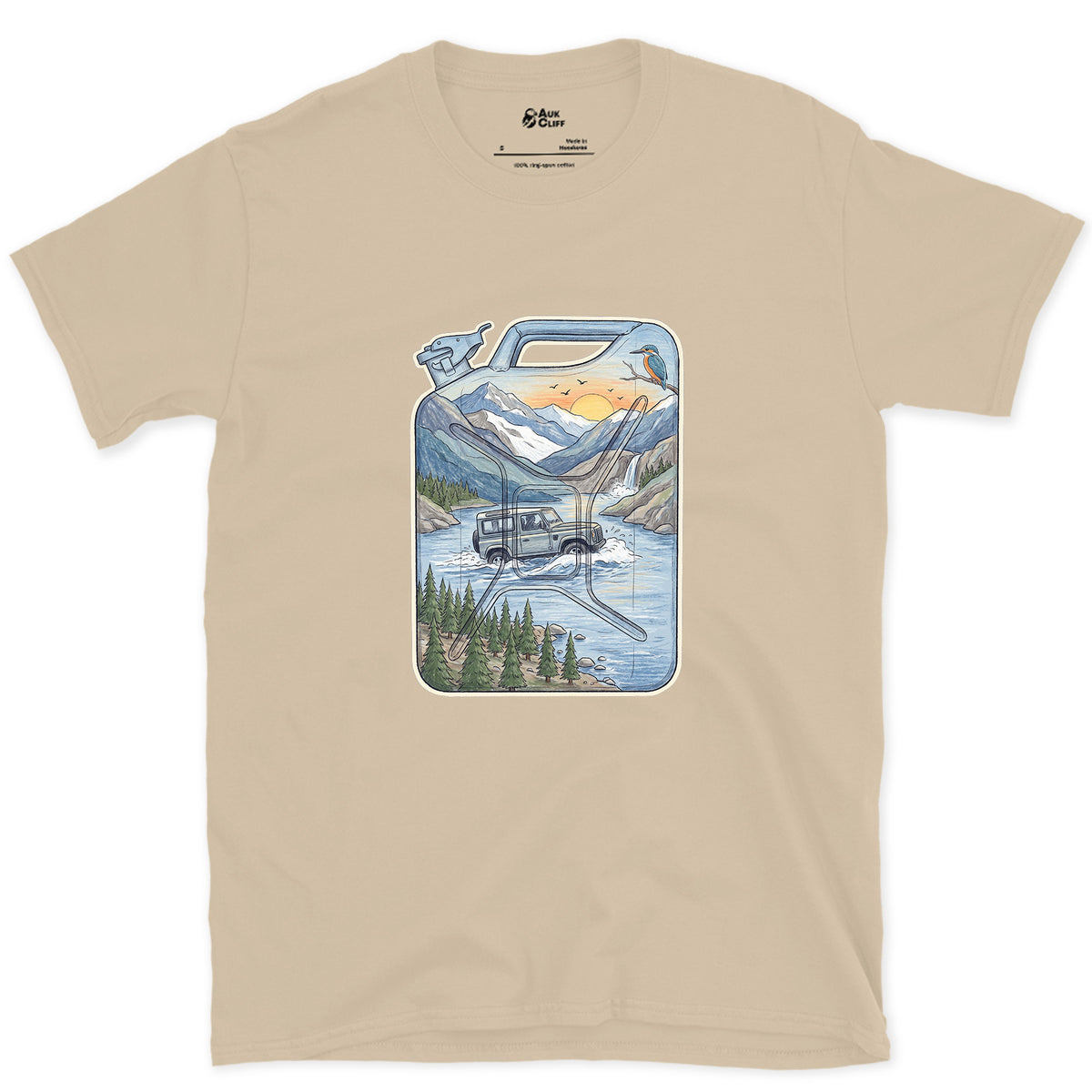 Driving the Ford, Jerry Can design on a Sand Gildan Softstyle t-shirt