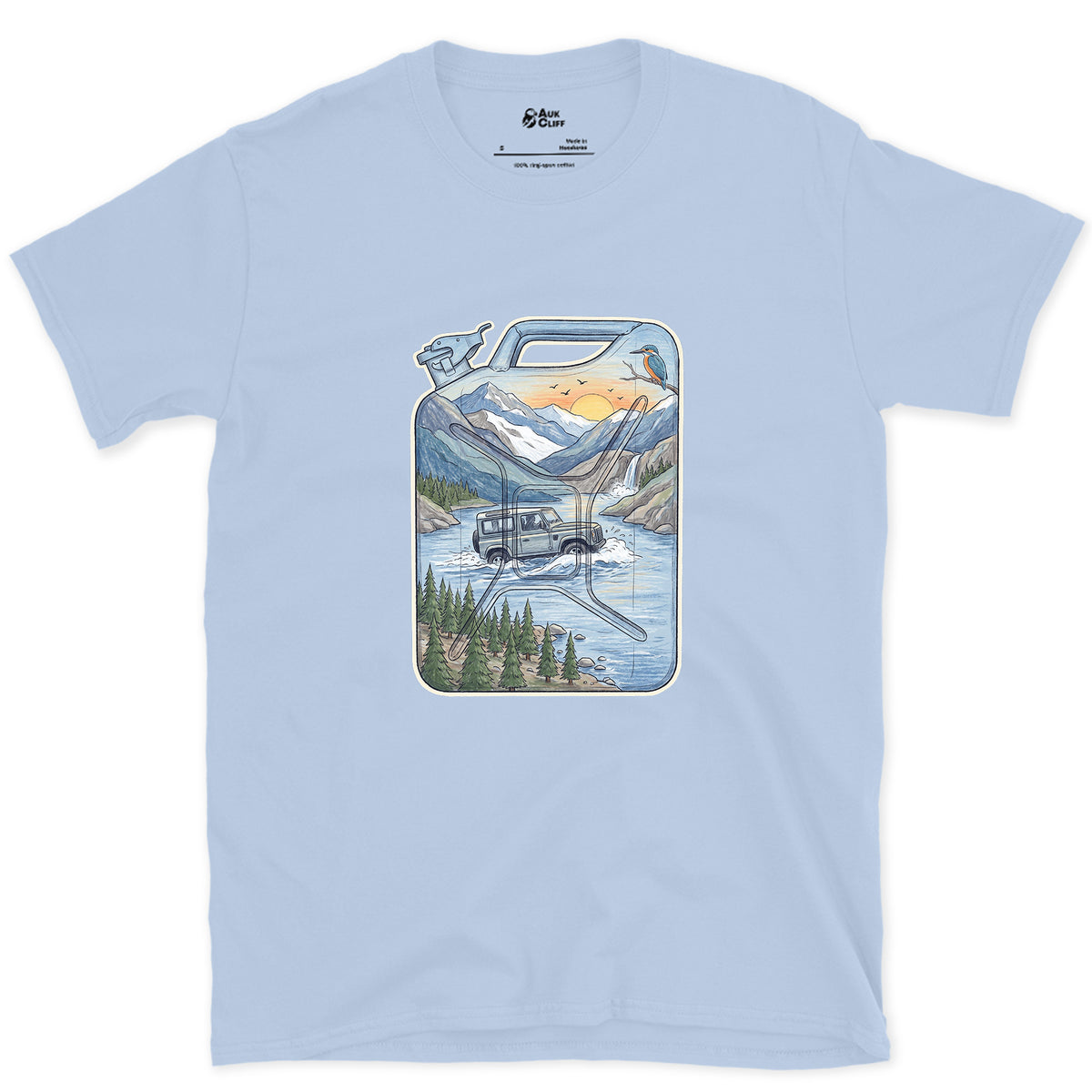 Driving the Ford, Jerry Can design on a Light Blue Gildan Softstyle t-shirt