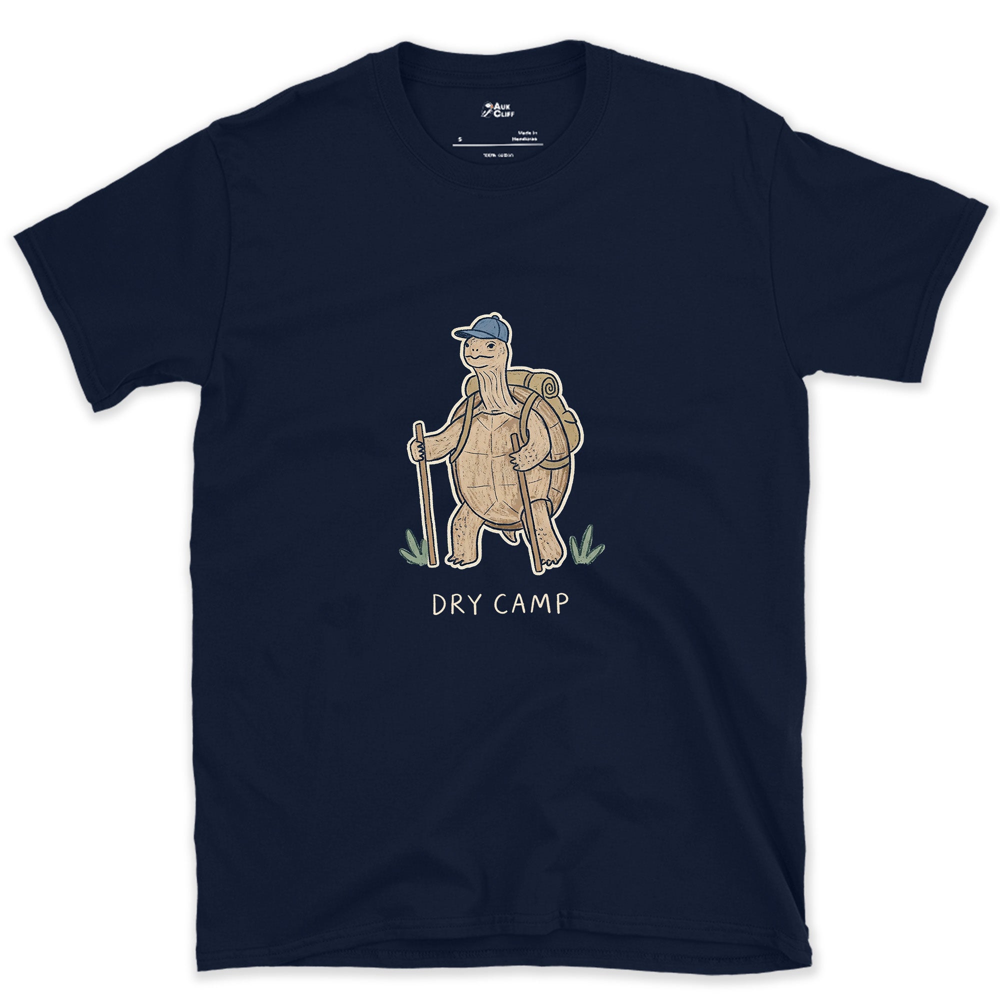 Dry Camp, Desert Tortoise Hiker design on a Navy Gildan Softstyle t-shirt