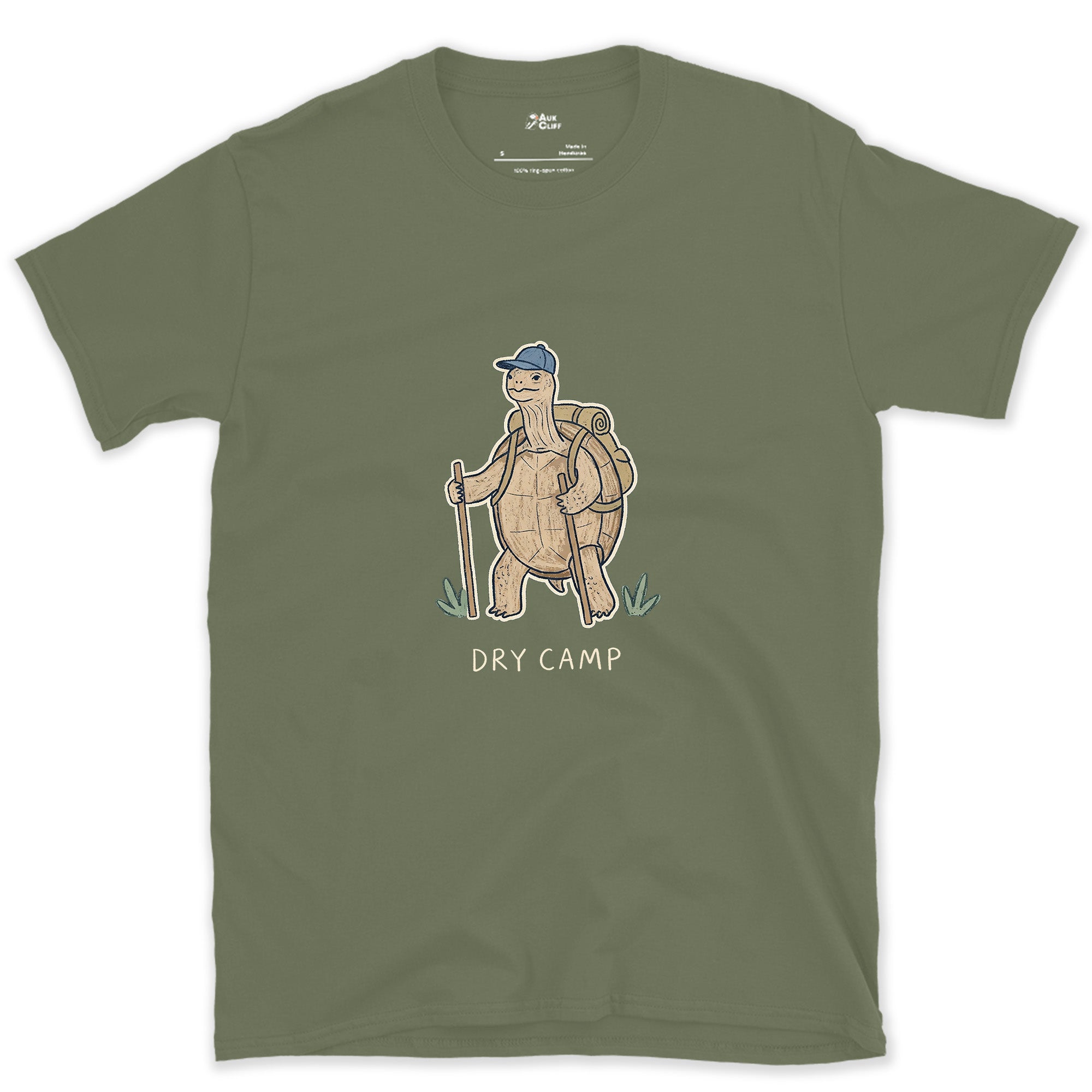 Dry Camp, Desert Tortoise Hiker design on a Military Green Gildan Softstyle t-shirt