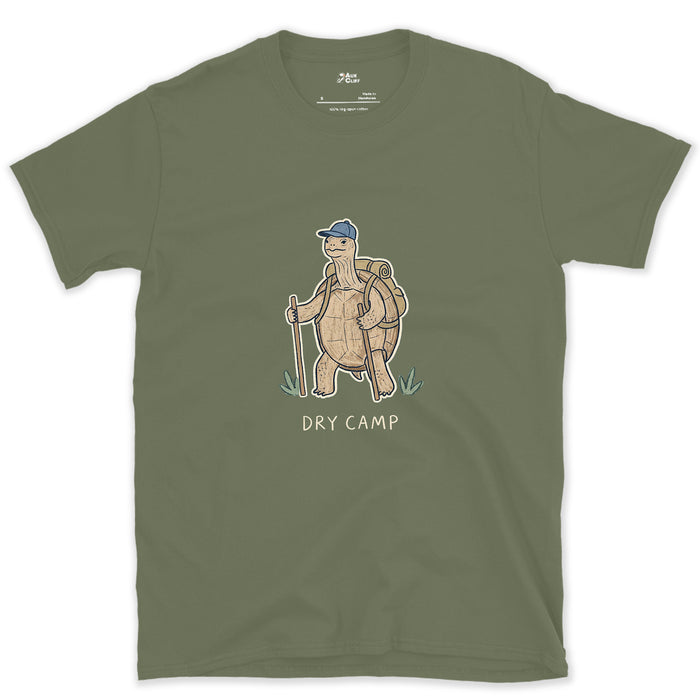 Dry Camp, Desert Tortoise Hiker design on a Military Green Gildan Softstyle t-shirt