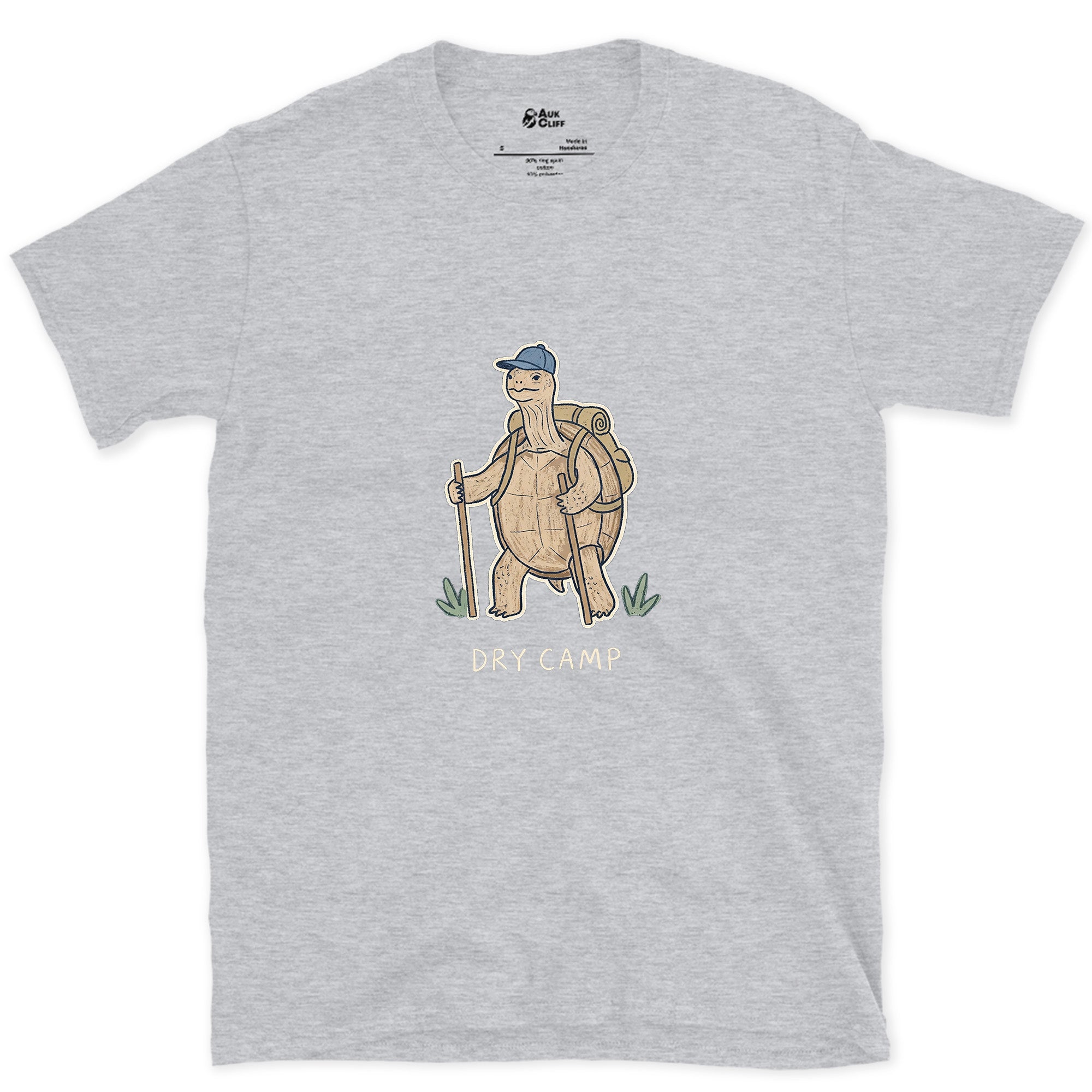 Dry Camp, Desert Tortoise Hiker design on a Sport Grey Gildan Softstyle t-shirt