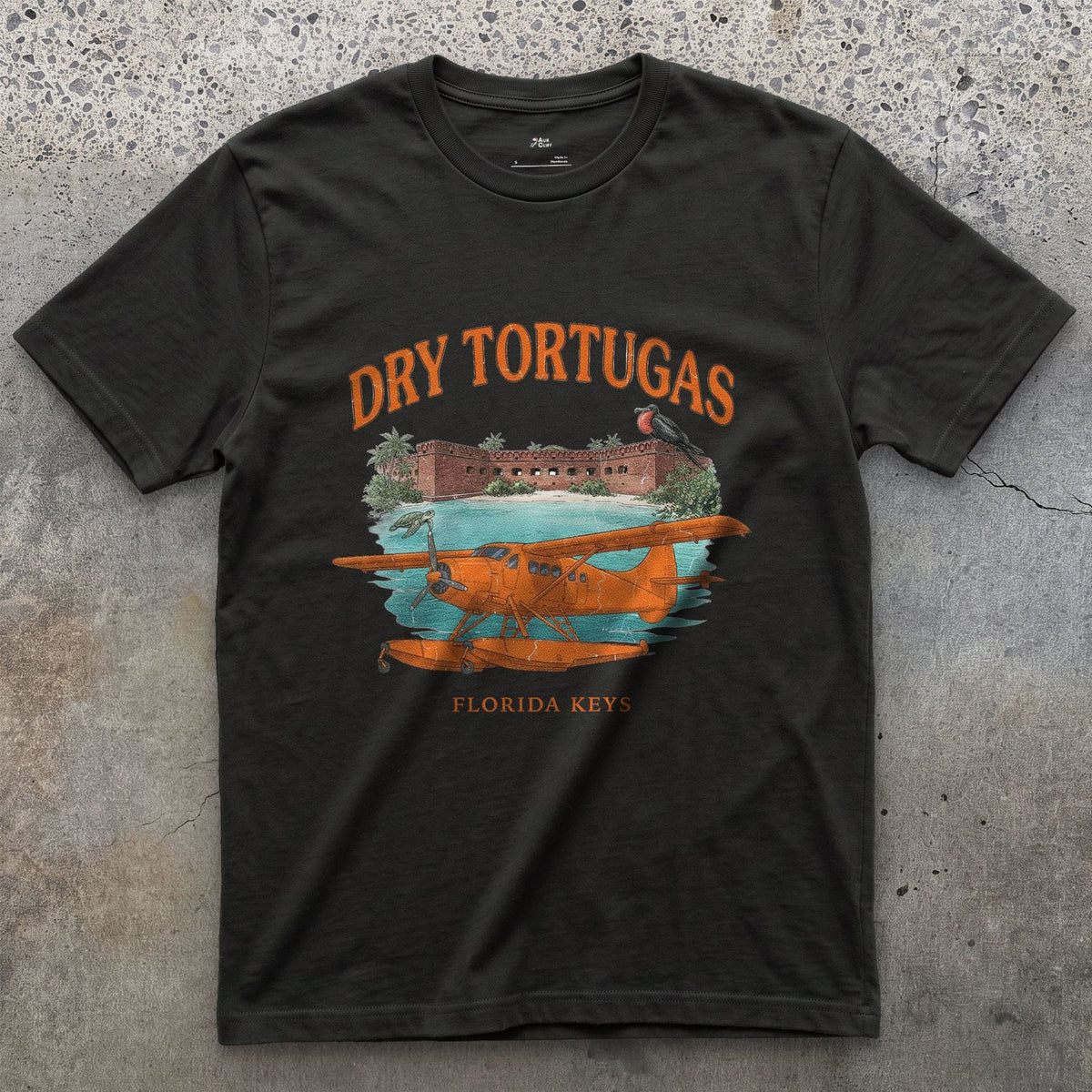 Dry Tortugas Bush Plane design on a Black Gildan Softstyle t-shirt