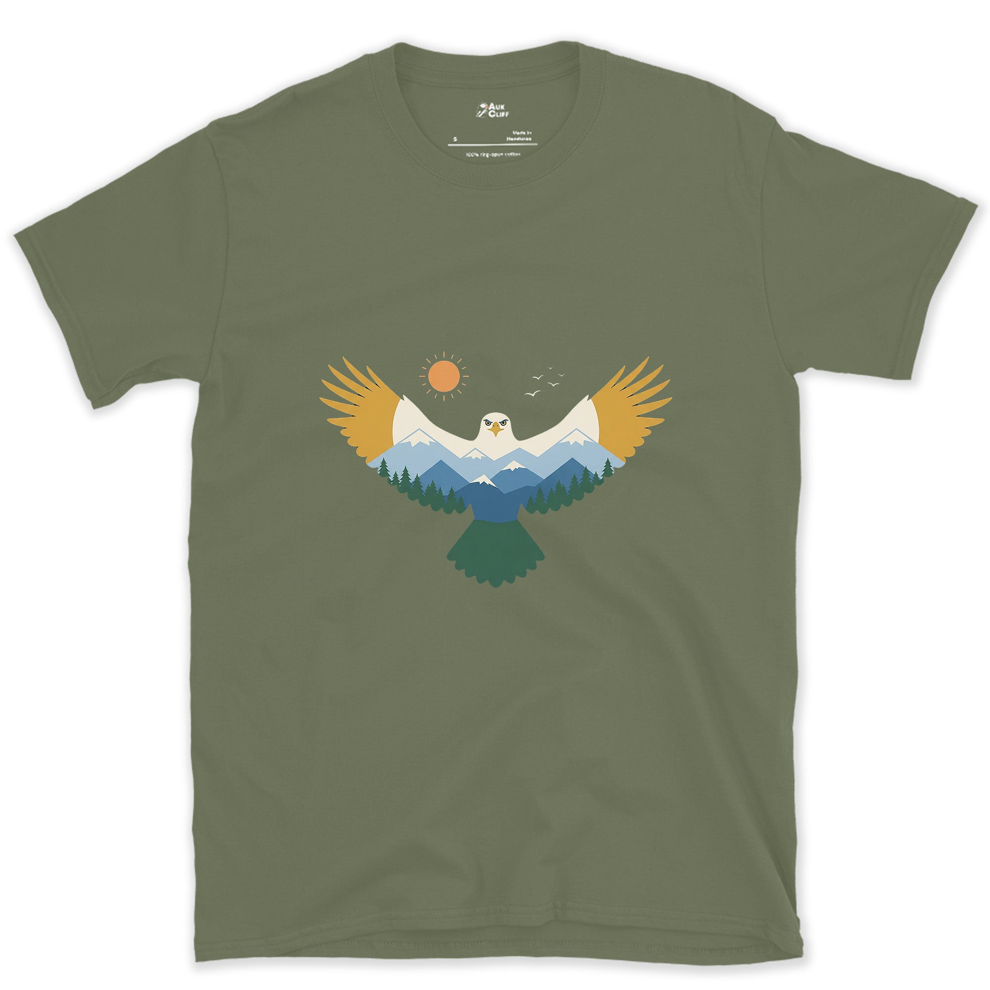 This Bald Eagle Flies Higher Than Most Peaks design on a Military Green Gildan Softstyle t-shirt