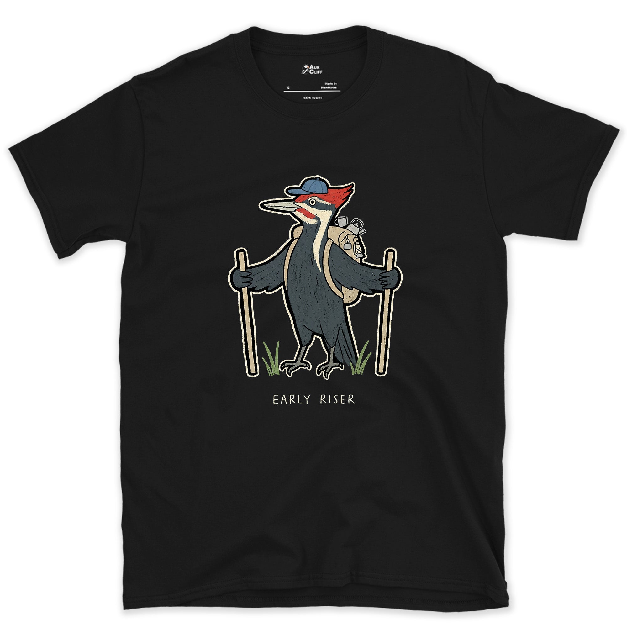 Early Riser, Woodpecker Hiker design on a Black Gildan Softstyle t-shirt