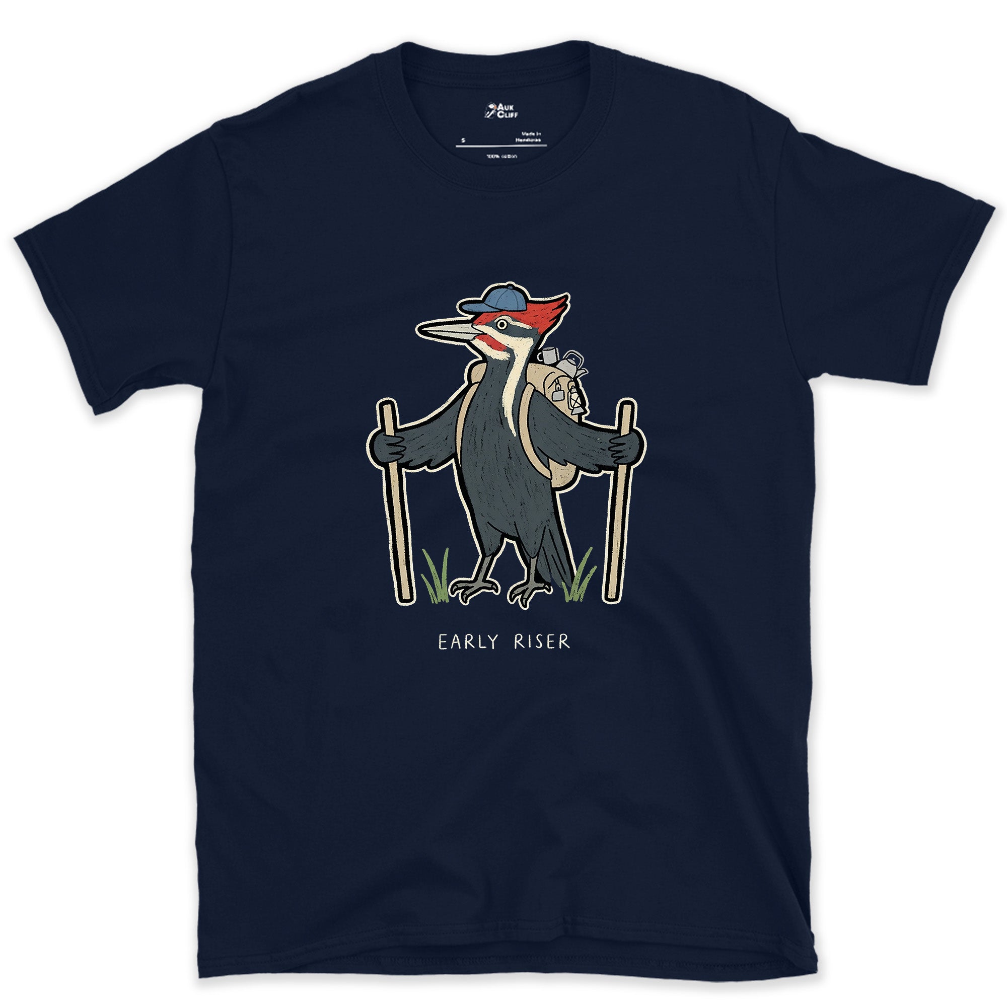 Early Riser, Woodpecker Hiker design on a Navy Gildan Softstyle t-shirt