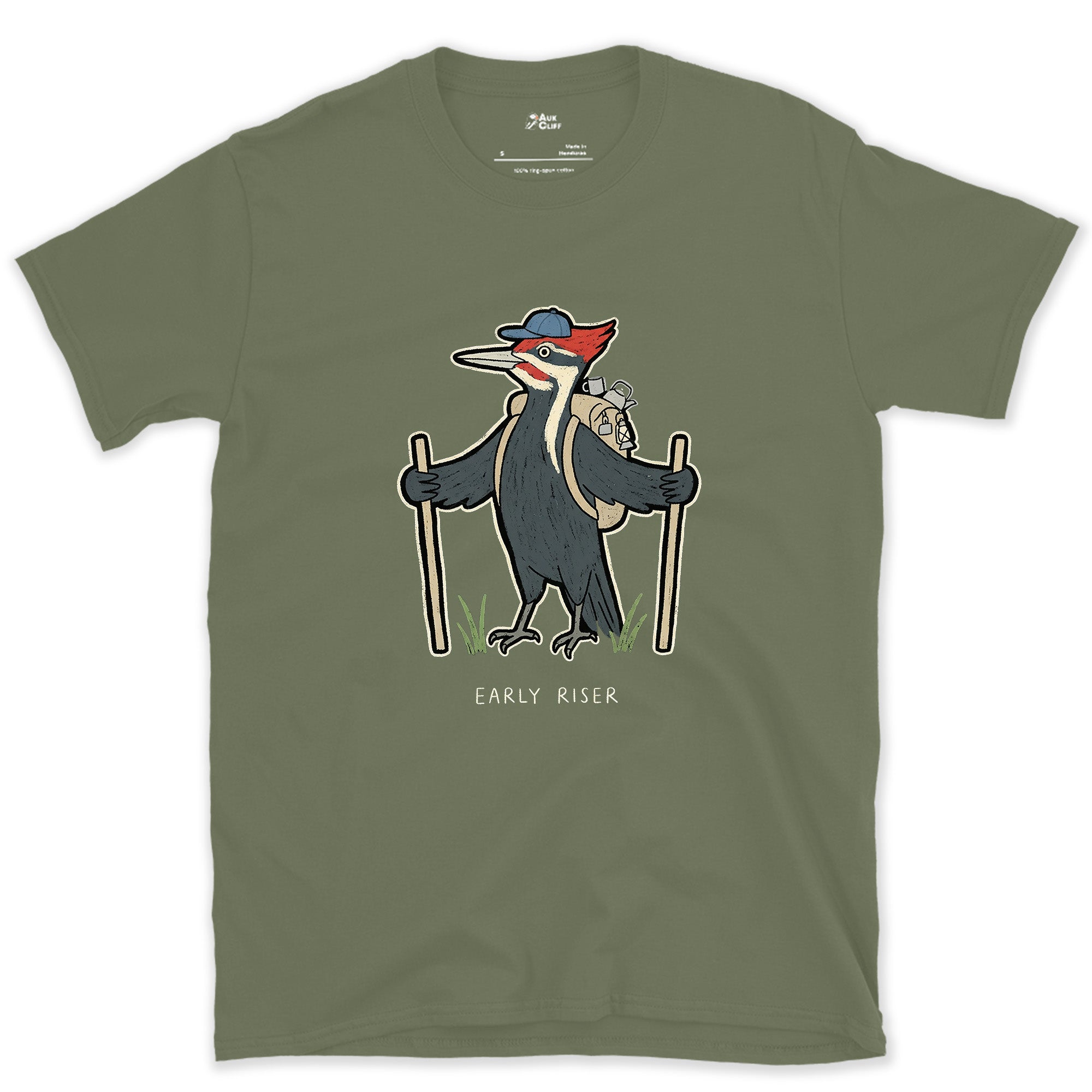Early Riser, Woodpecker Hiker design on a Military Green Gildan Softstyle t-shirt