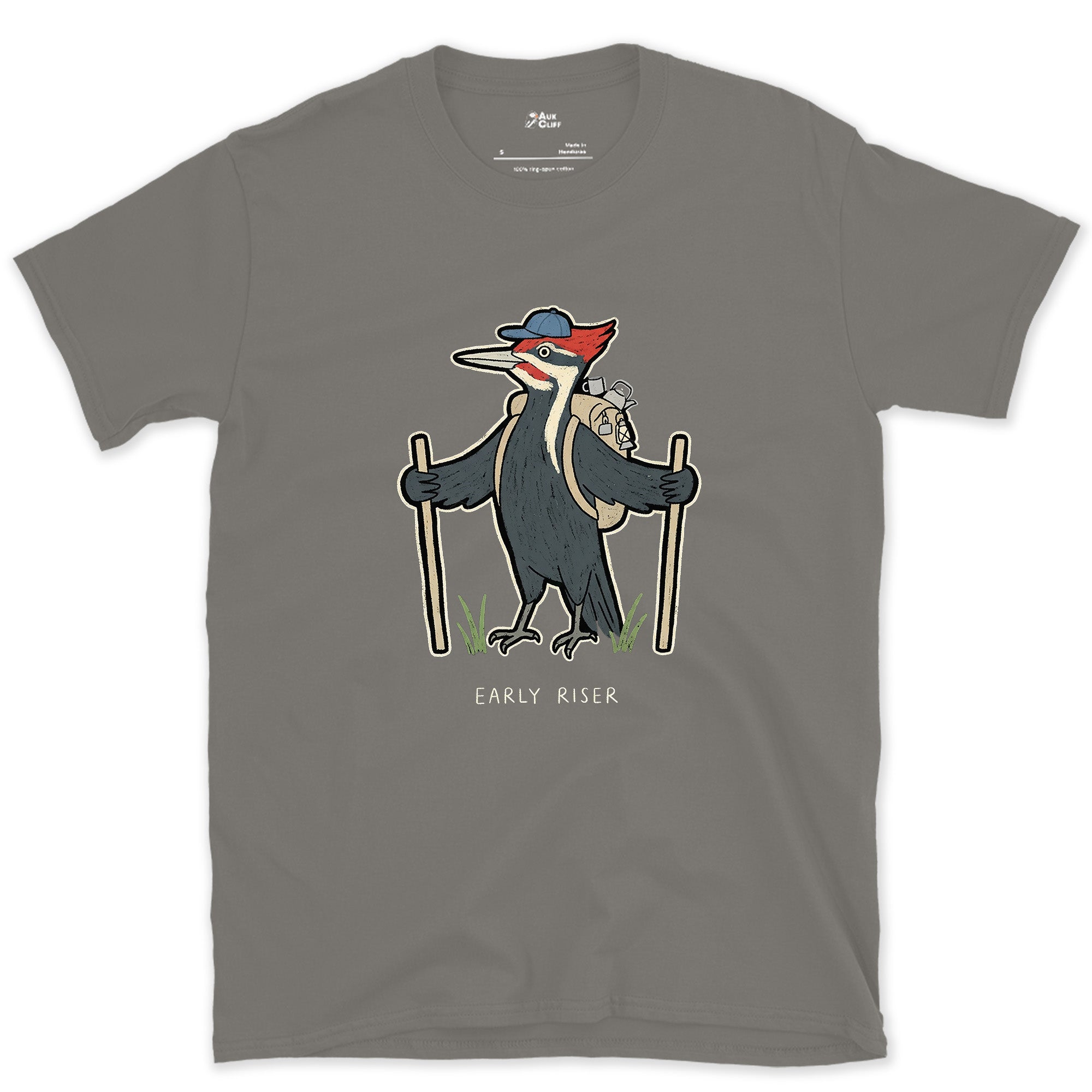 Early Riser, Woodpecker Hiker design on a Charcoal Gildan Softstyle t-shirt