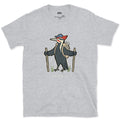 Early Riser, Woodpecker Hiker design on a Sport Grey Gildan Softstyle t-shirt