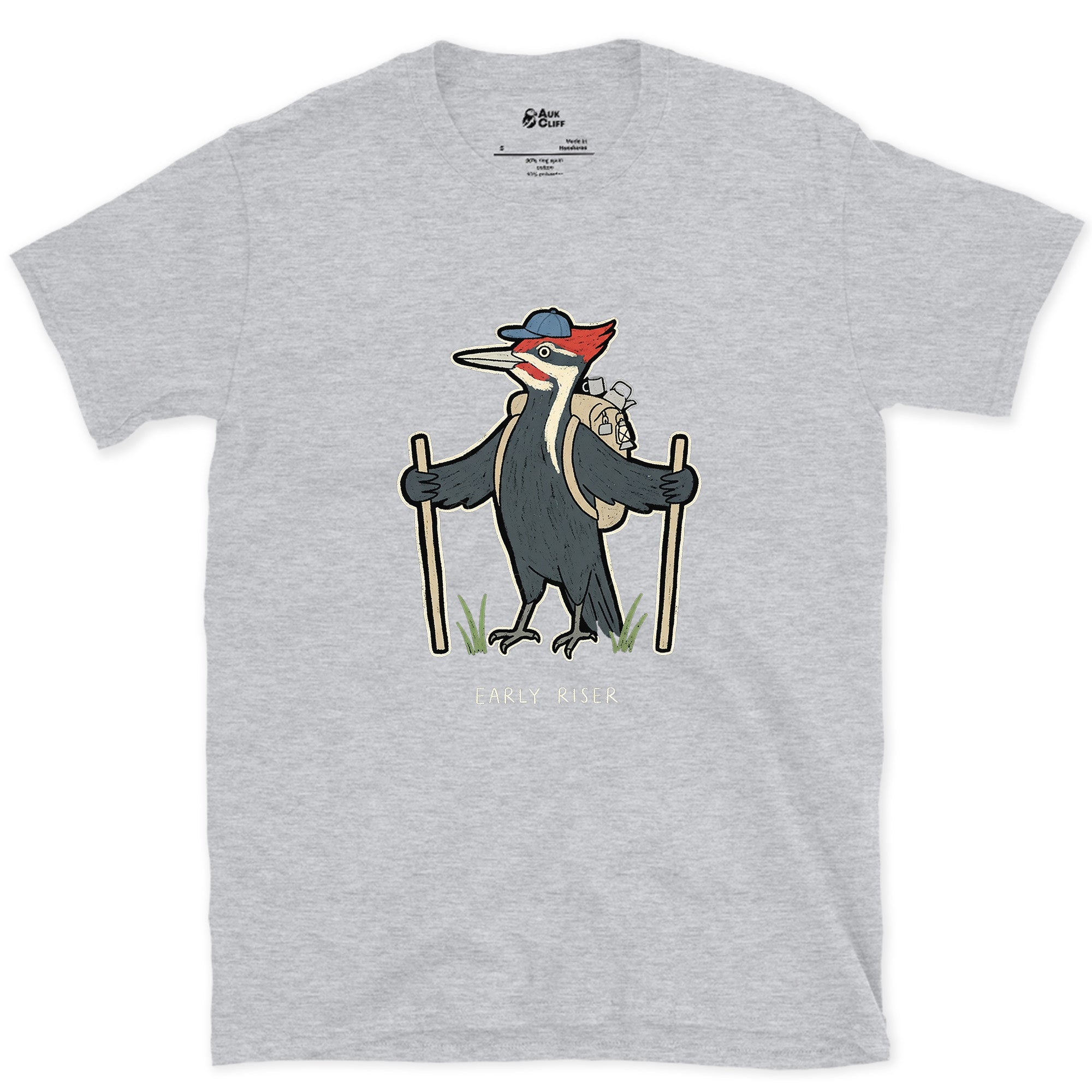 Early Riser, Woodpecker Hiker design on a Sport Grey Gildan Softstyle t-shirt