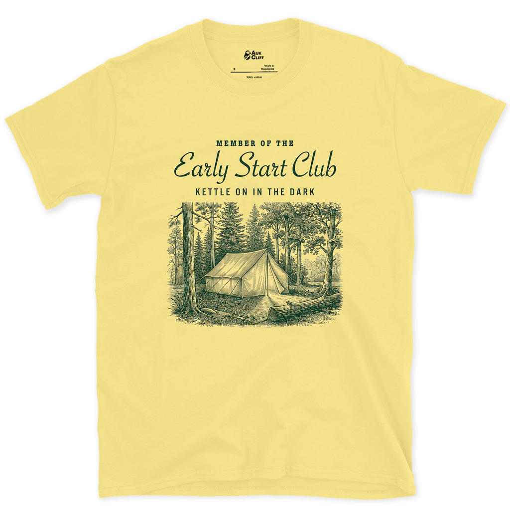 Kettle on in the Dark, Early Start Club design on a Cornsilk Gildan Softstyle t-shirt