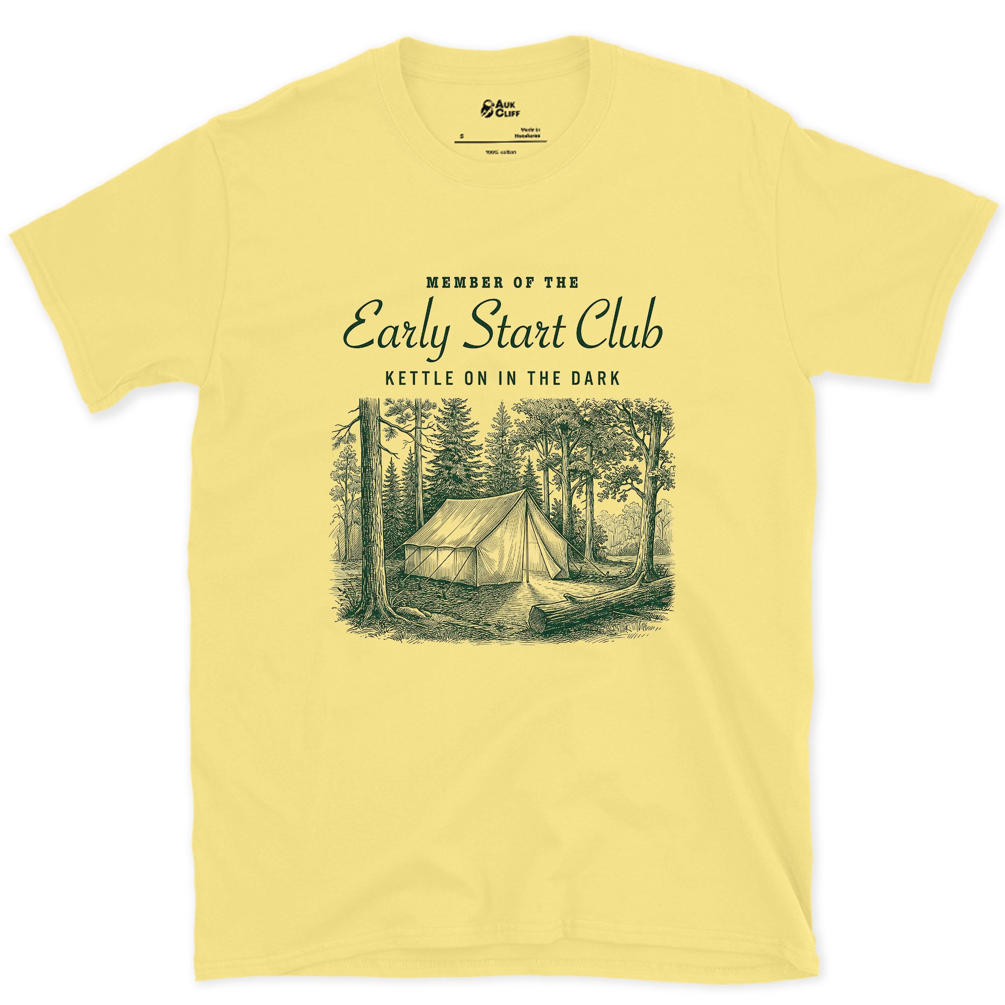 Kettle on in the Dark, Early Start Club design on a Cornsilk Gildan Softstyle t-shirt