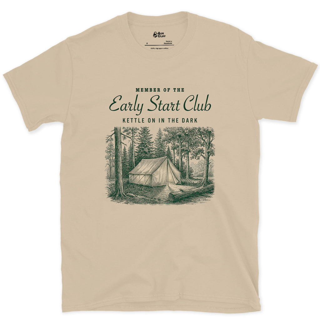 Kettle on in the Dark, Early Start Club design on a Sand Gildan Softstyle t-shirt