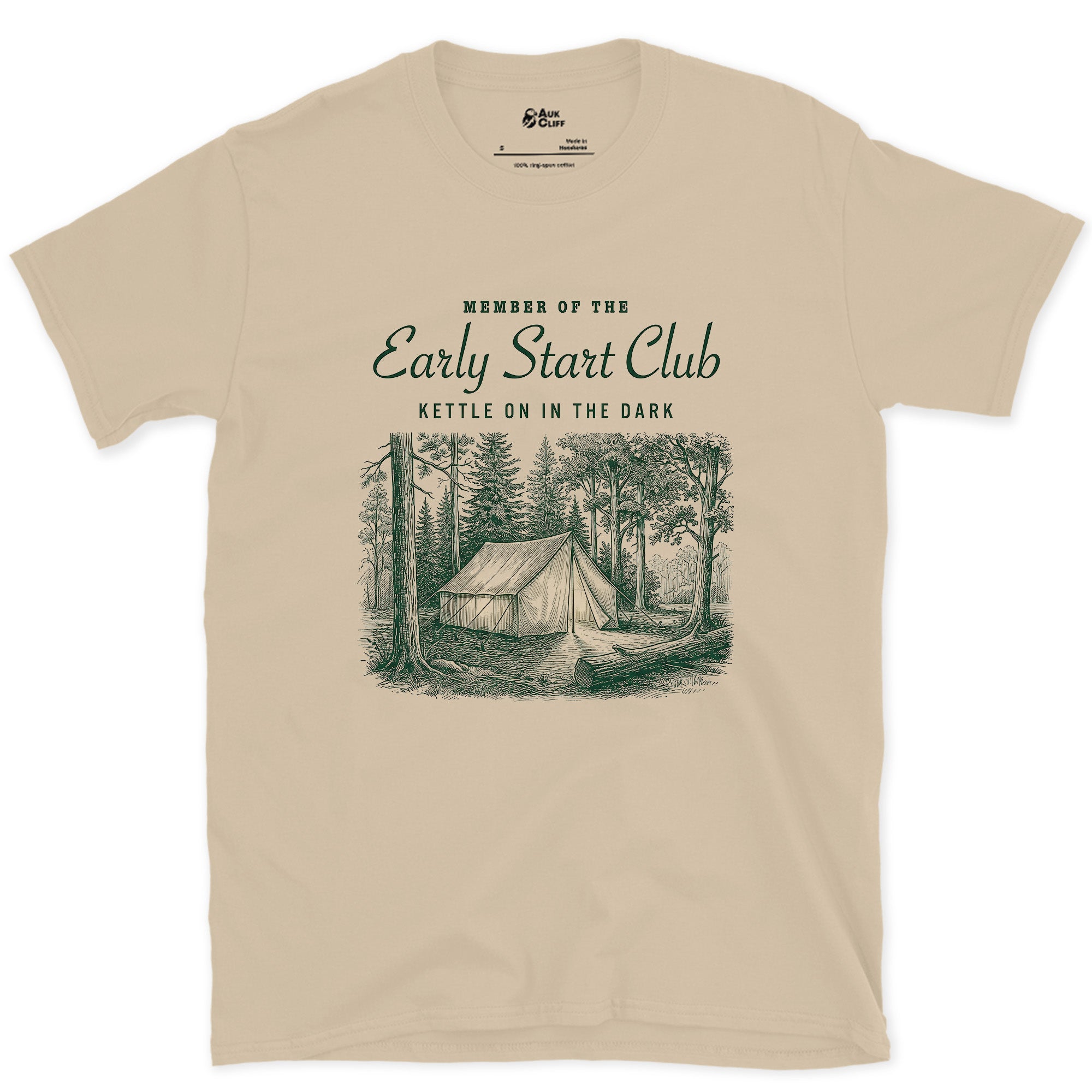 Kettle on in the Dark, Early Start Club design on a Sand Gildan Softstyle t-shirt