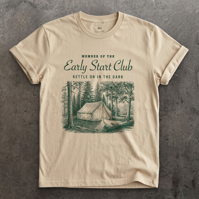 Kettle on in the Dark, Early Start Club design on a Sand Gildan Softstyle t-shirt