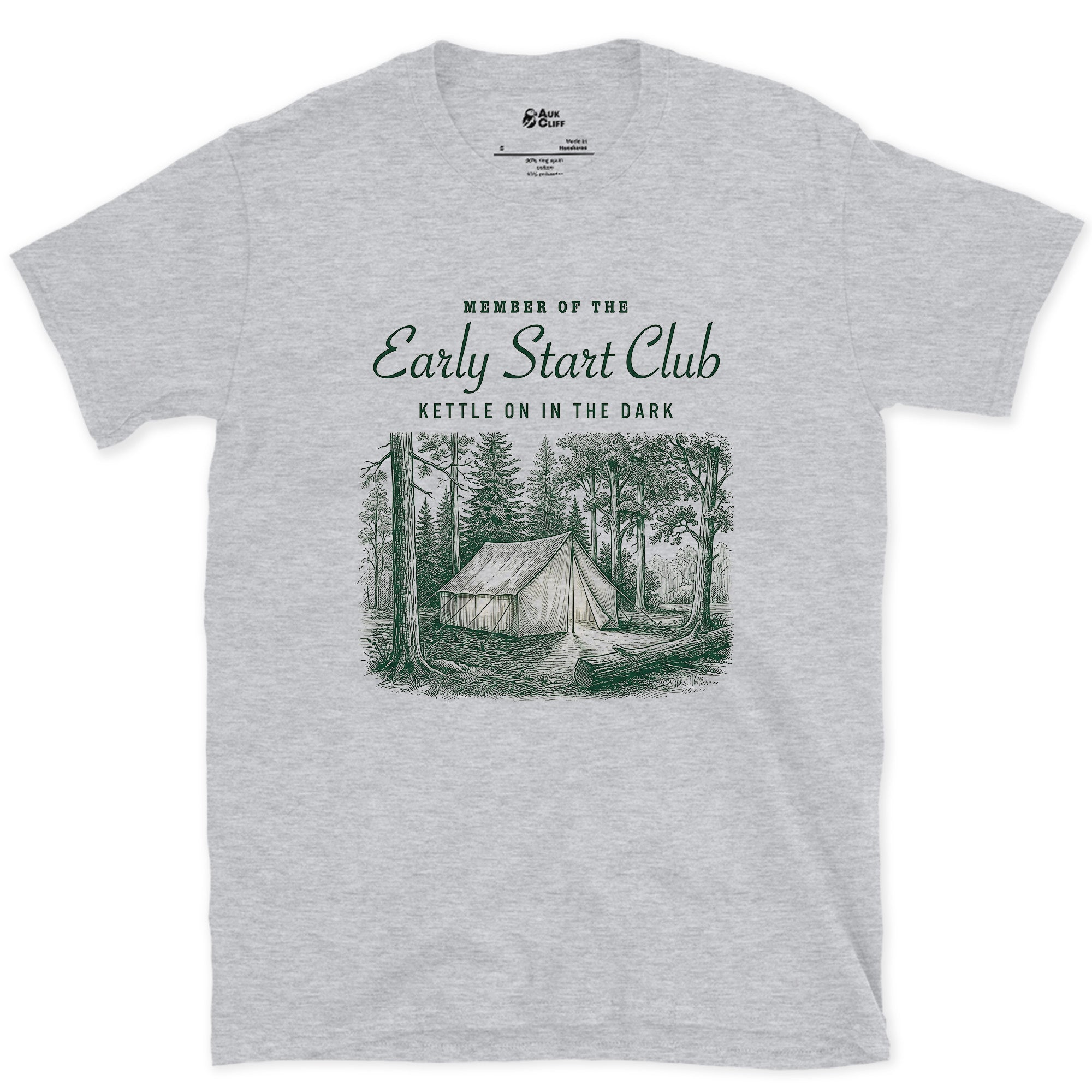 Kettle on in the Dark, Early Start Club design on a Sport Grey Gildan Softstyle t-shirt
