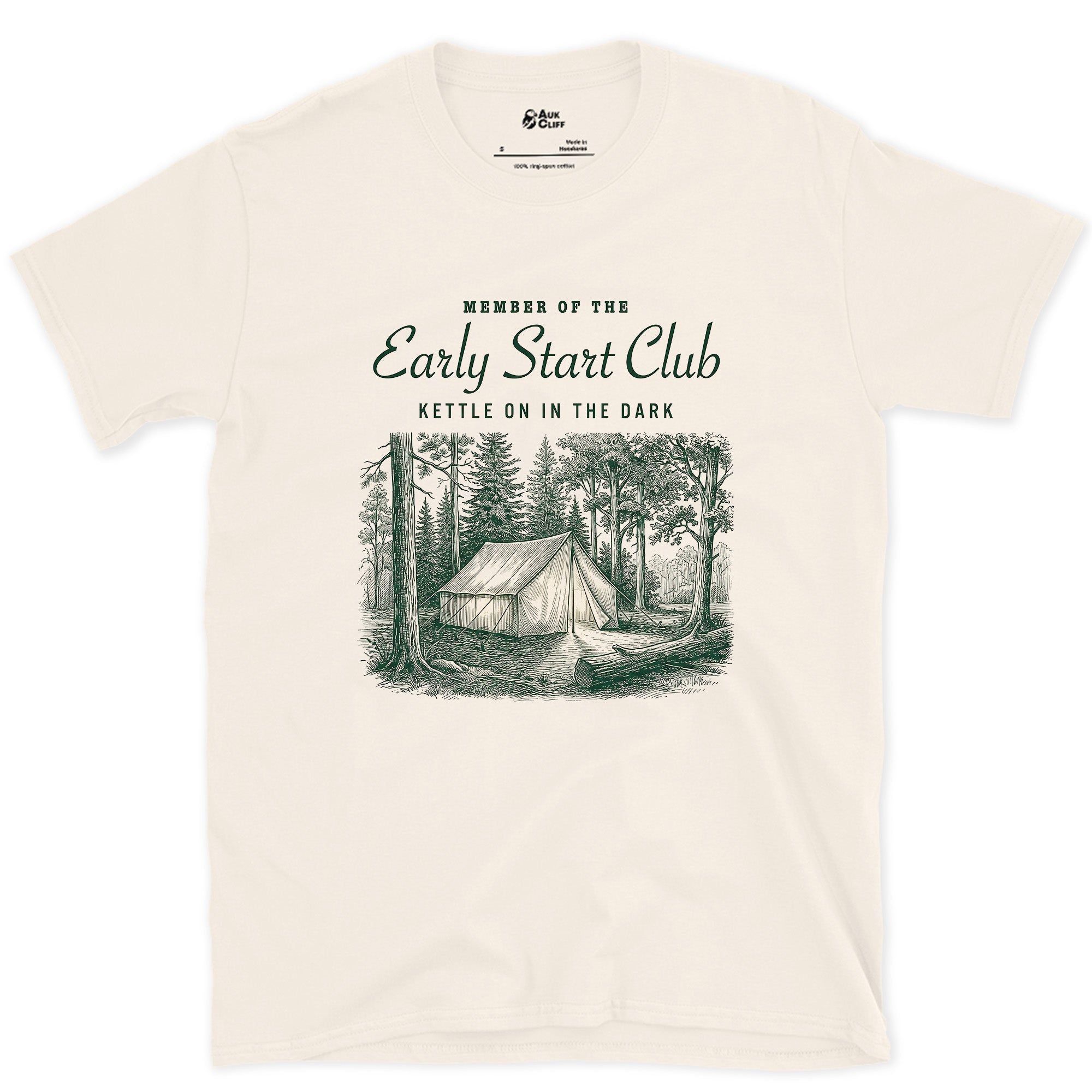 Kettle on in the Dark, Early Start Club design on a Natural Gildan Softstyle t-shirt