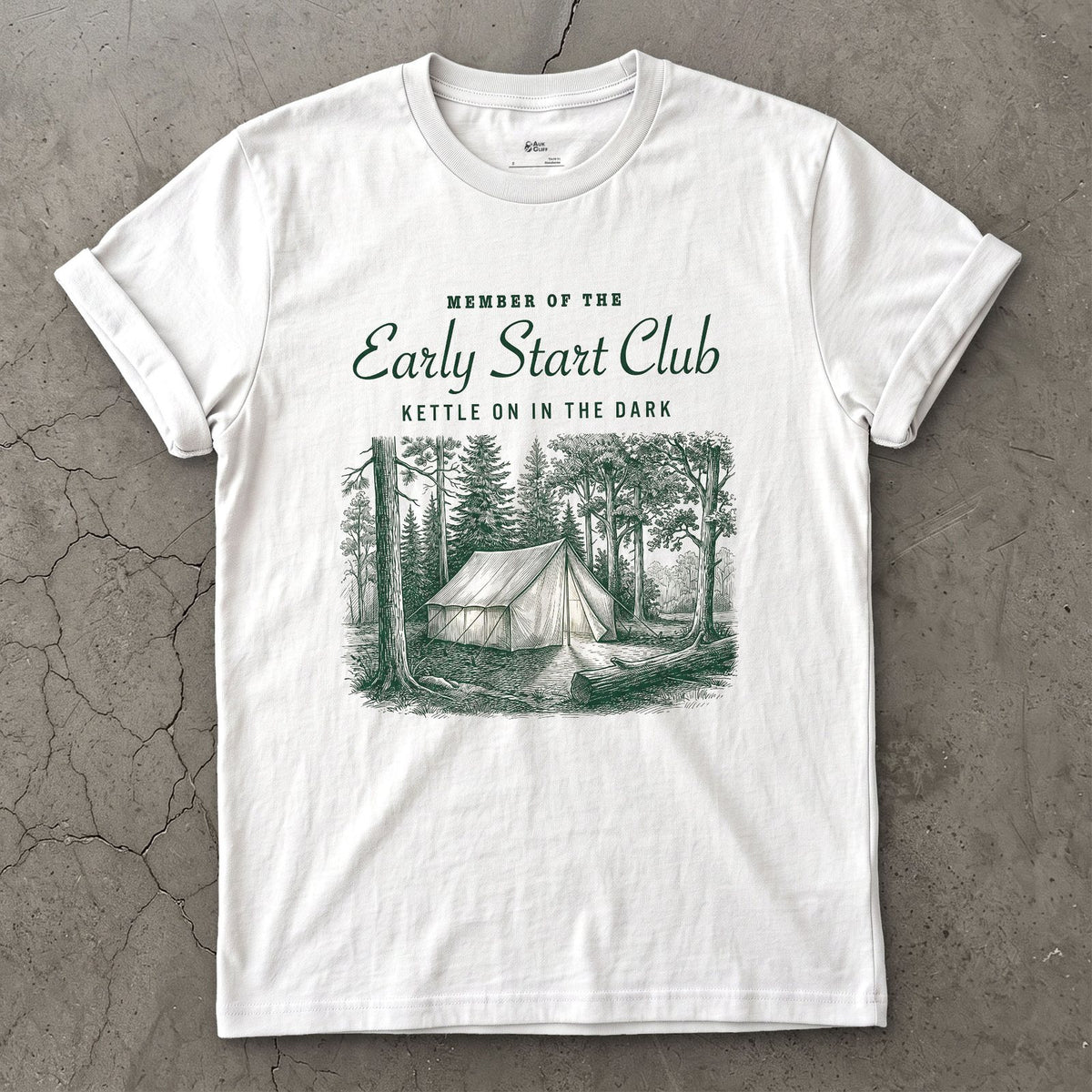 Kettle on in the Dark, Early Start Club design on a White Gildan Softstyle t-shirt