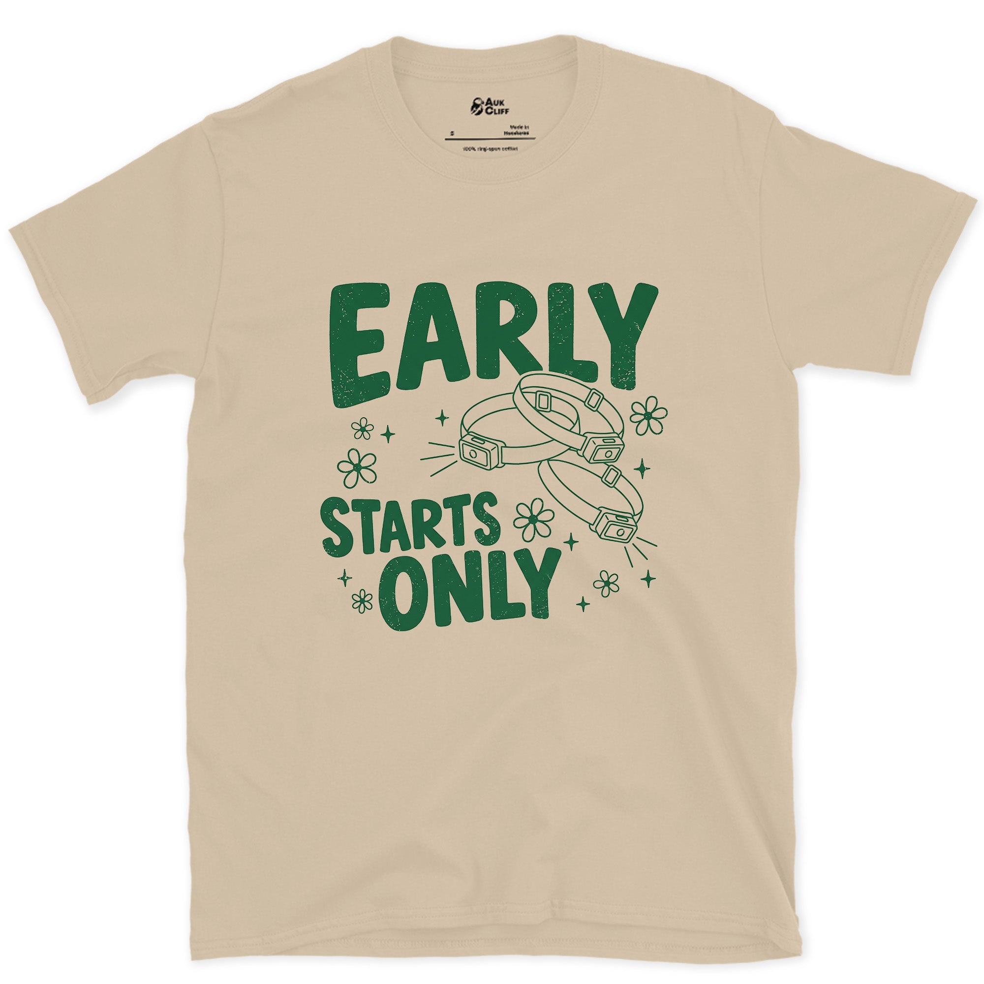Early Starts Only, Compass Needle design on a Sand Gildan Softstyle t-shirt