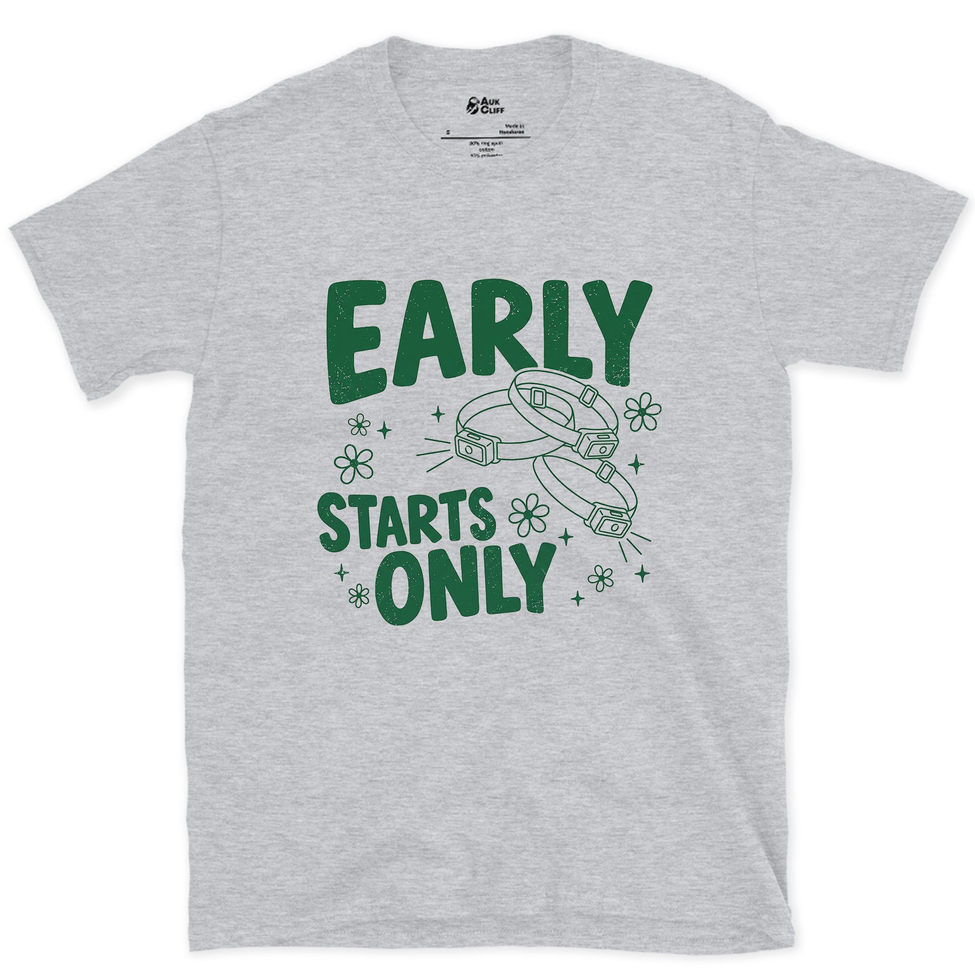 Early Starts Only, Compass Needle design on a Sport Grey Gildan Softstyle t-shirt