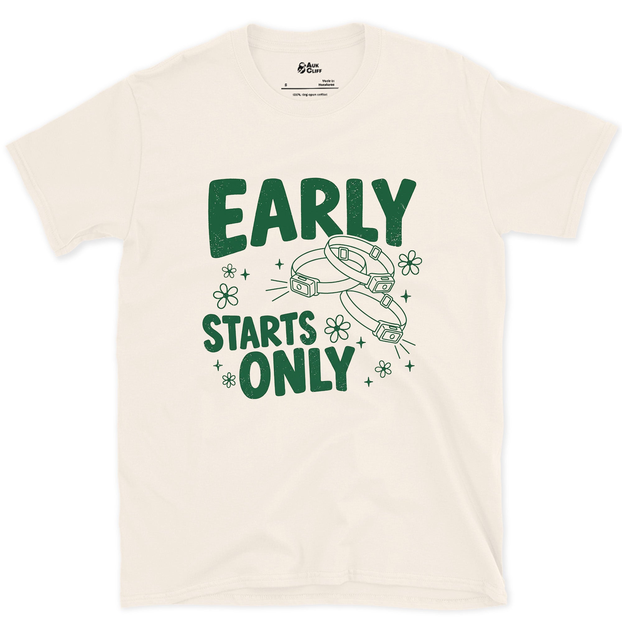 Early Starts Only, Compass Needle design on a Natural Gildan Softstyle t-shirt